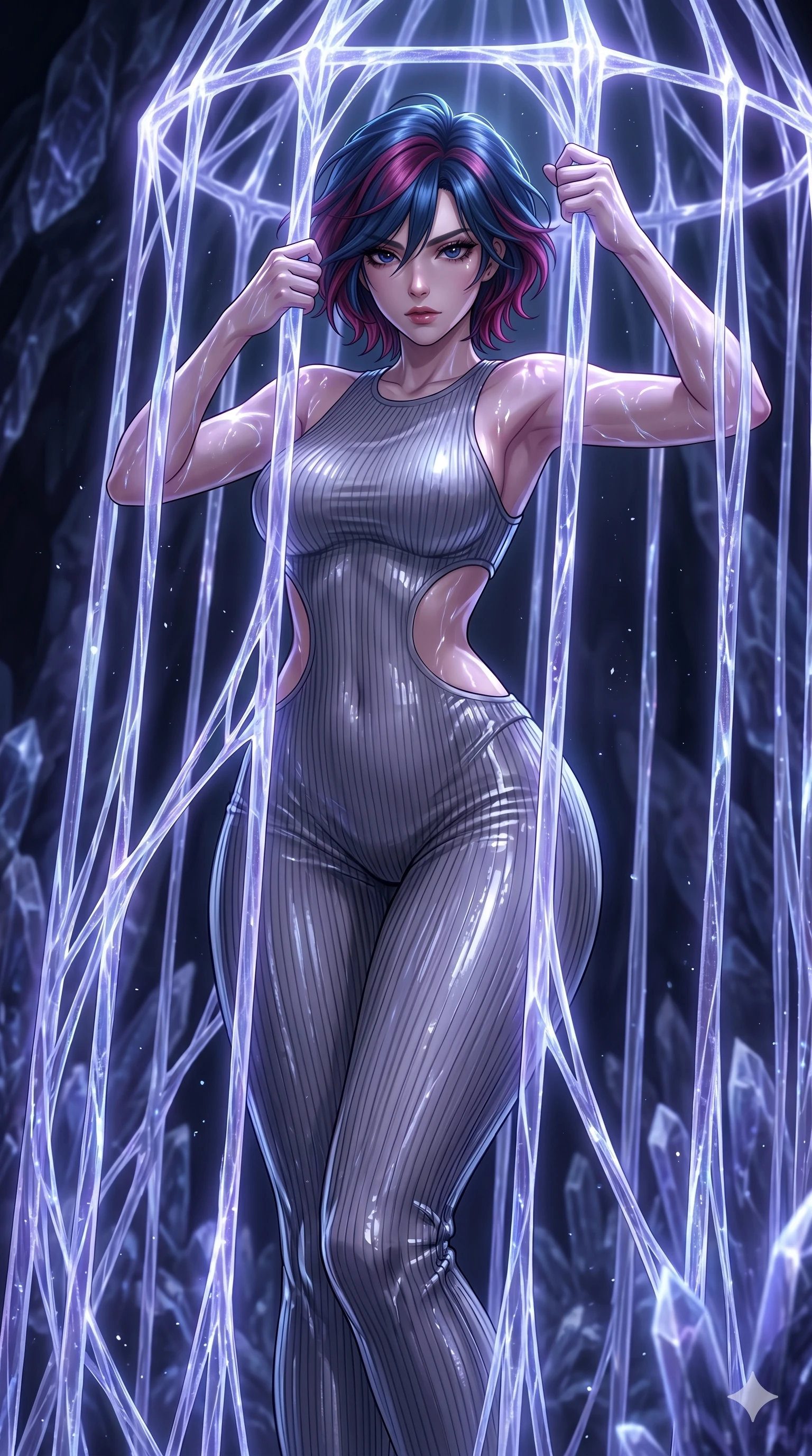 score_9, masterpiece, best quality, ultra-detailed, High-budget Anime Keyframe, East Asian woman. Dynamic full-body shot stretching the vertical silhouette to the limit. Scenario 242: Trapped in a cage of glowing crystalline fibers, body pressing against the bars. Her presence is magnetic and overpowering in this high-budget anime scene. Outfit 242: A ribbed bodycon knit second with a strategic side cut-outs and wet-look texture. The clothing is designed to emphasize her exceptionally tall and slender 8-heads proportion. 8-heads proportion, towering silhouette, ultra-slim waist. sharp v-shaped jawline, intricate jewel-like eyes with depth, thick eyelashes, glossy lips. 2k, ultra detail, master piece, 9:16 ratio