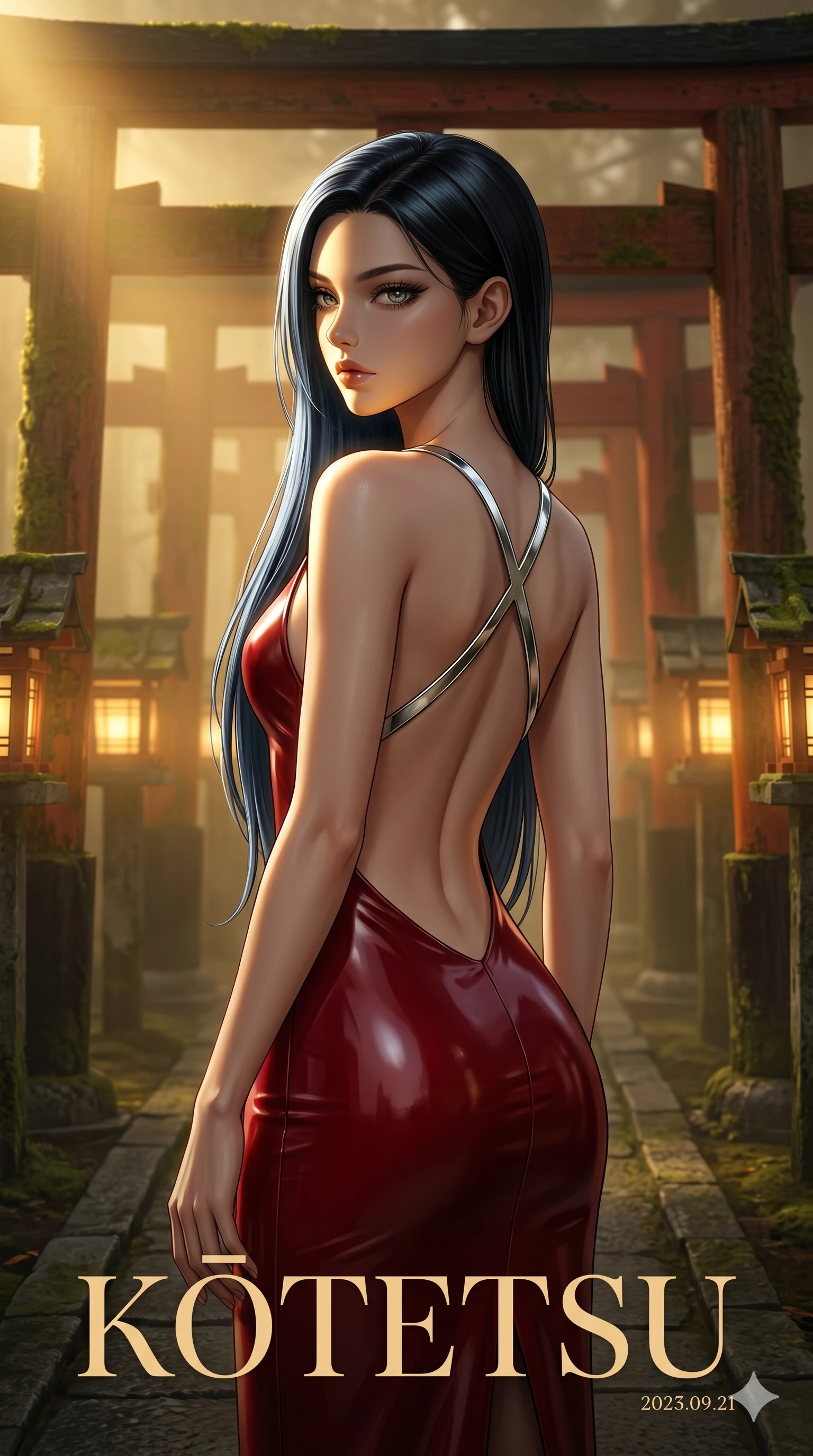 score_9, masterpiece, best quality, ultra-detailed, high-budget anime keyframe, editorial fashion photography, tasteful artistic composition, Caucasian woman, strictly human ears. cowboy shot from the thighs up, character and outfit filling the frame for maximum editorial presence. Casting a slow, direct gaze beneath heavy lashes with quiet intensity amidst a Japanese torii gate forest with golden fog-lit lanterns. She has an absolutely perfect 8-heads proportion, an exceptionally tall and slender female figure with impossibly long slender legs and an ultra-slim waist. V-shaped jawline, high-bridge nose, intricate jewel-like eyes with depth, thick eyelashes, glossy lips with a natural sheen. wearing a structured deep-cherry-red fashion-latex fitted dress with a clean architectural front and a dramatic open-back design with a single criss-cross strap in chrome across the bare back. lit by dramatic chiaroscuro with a single golden key light carving her facial contours and figure. 2k, ultra detail, master piece, 9:16 ratio