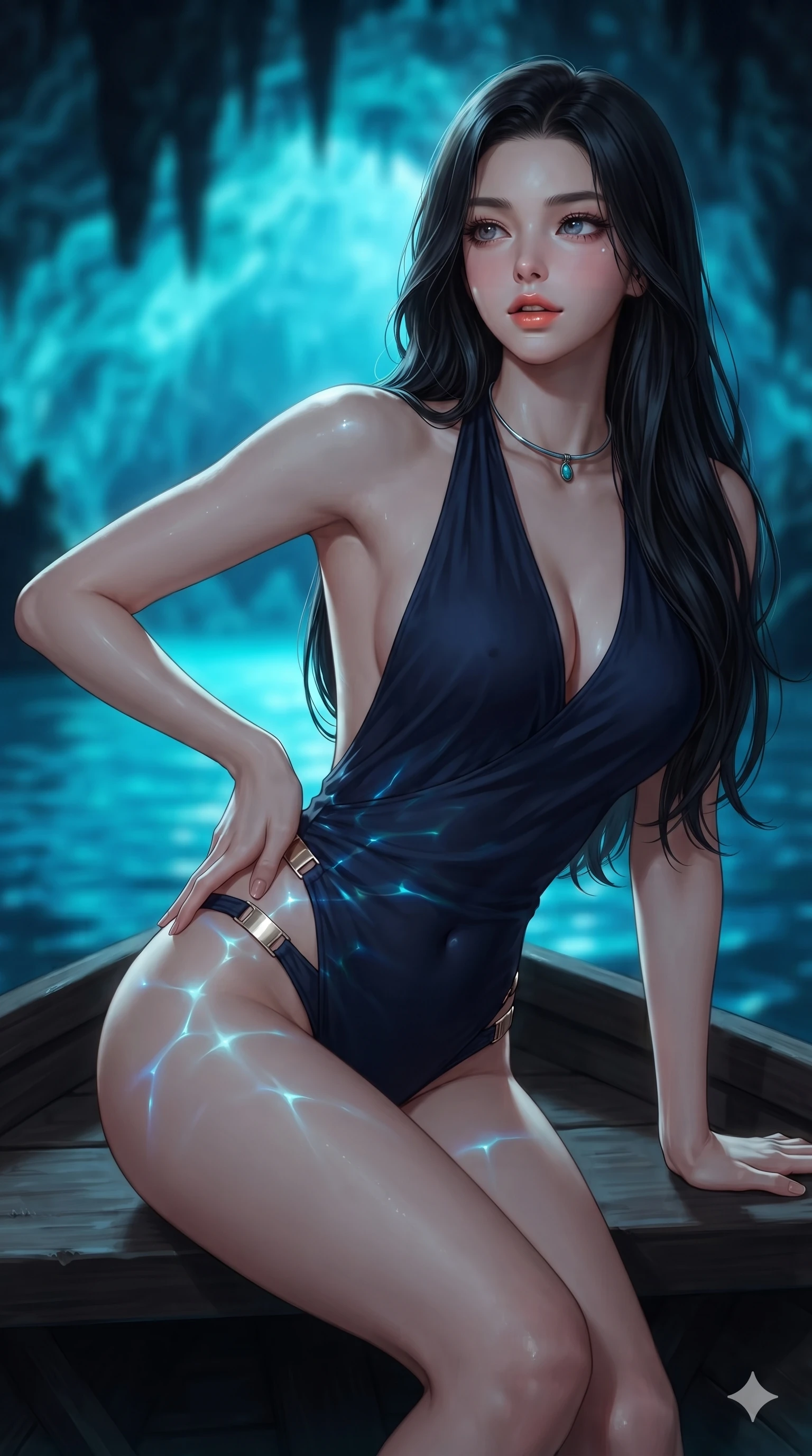 score_9, masterpiece, best quality, ultra-detailed, high-budget anime keyframe, editorial fashion photography, tasteful artistic composition, Korean woman. close-up cowboy shot from the waist and thighs up, the character dominates the composition, filling the frame with her large presence. arching her spine backward with effortless dancer poise, one hand sliding along her hip line as directional light carves specular highlights along her silhouette while twisting her slender torso in an alluring contrapposto stance on the boat bench, otherworldly neon-blue caustic refractions dancing across her flat midriff and hips. The background shows a soft-focus eerie glowing neon-blue cavern water, dark limestone stalactites, and tiny cave openings blurred into electric sapphire, teal, and obsidian bokeh. She has an exceptionally elegant, slender, and willowy female figure with an ultra-slim waist, flat toned midriff, narrow ribcage, and sculpted feminine hips creating an alluring, slim hourglass silhouette without bulk. sharp v-shaped jawline, high-bridge nose, sparkling eyes with hypnotic seductive depth, thick curled eyelashes, glossy parted lips with a natural dewy peach sheen, alluring bedroom-eyes with an enchanting coquettish smile, exuding magnetic siren charisma and sophisticated glamour, flawlessly proportioned anatomical accuracy, strict slender model proportions, natural body alignment, perfectly sculpted long slender limbs, ultra-slim waistline, clean dynamic posture without body distortion. wearing a slinky backless halterneck leotard with metallic clasp accents along the side hips in French Riviera navy and crisp champagne gold, tailored from heavy double-faced silk georgette with an exceptionally fluid drape, finished with a minimalist chrome choker and a single turquoise stone pendant, the impeccably tailored cut draping gracefully along her slender figure with aristocratic resort poise. illuminated by glowing water bounce and sharp cyan-teal rim lights defining her razor-sharp jawline, narrow waist, and curvy hips against dark cavern stone. ultra-reflective glossy finish, specular highlights, rich textural contrasts, high-contrast stereoscopic depth, volumetric dynamic lighting, 2k, ultra detail, master piece, 9:16 ratio