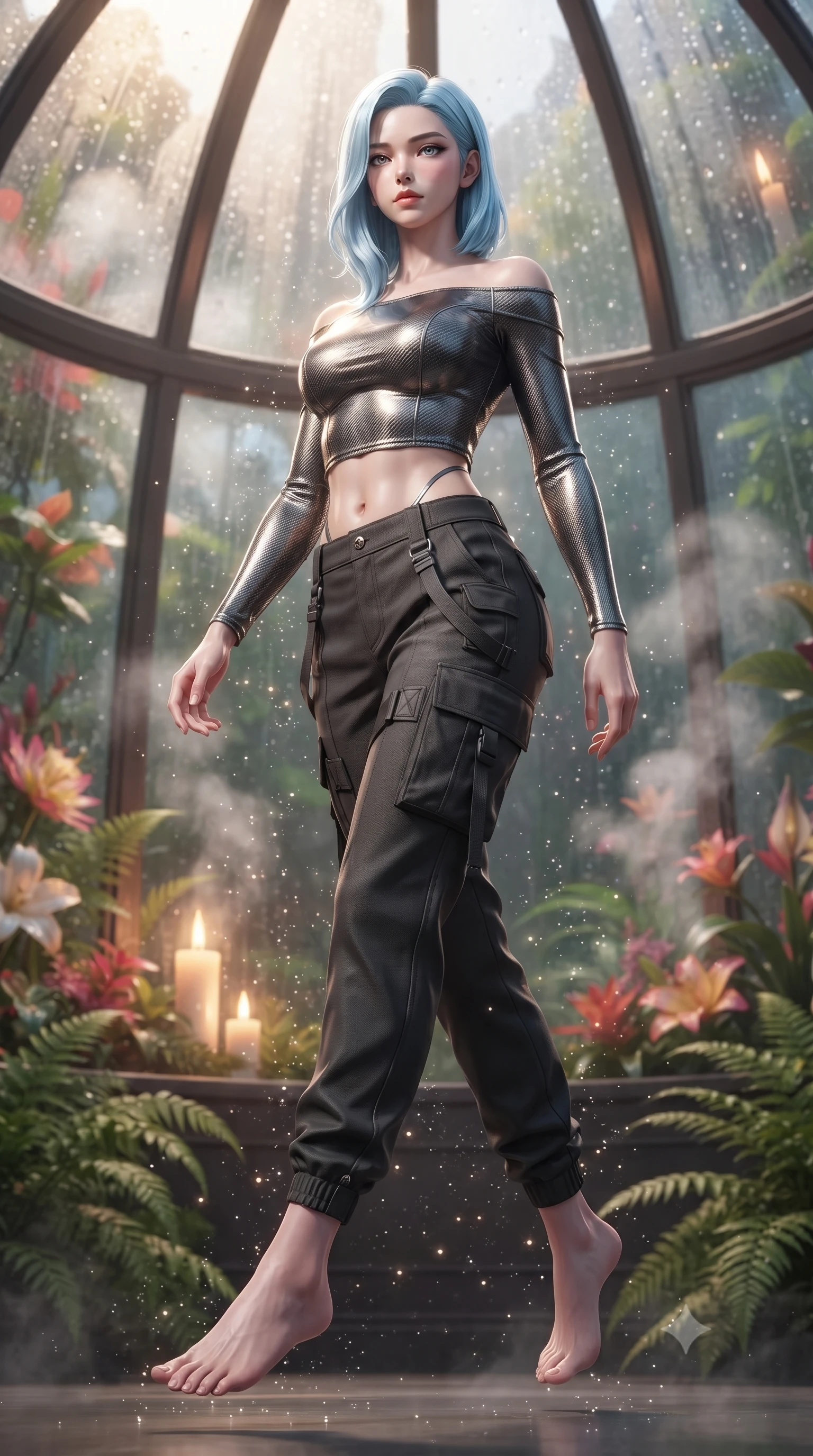 score_9, masterpiece, best quality, ultra-detailed, high-budget anime keyframe, editorial fashion photography, tasteful artistic composition, Korean woman. low angle full-body shot from head to toe showing her feet, filling the entire 9:16 vertical frame with her statuesque presence, stretching her vertical silhouette. stepping gracefully through floating stardust particles, her body-contouring suit showing her athletic, slender silhouette, the background shows a soft-focus a glass dome botanical garden in orbit, filled with tropical flowers and steam. She has an absolutely perfect, statuesque 8.5-heads proportion, an exceptionally tall and slender model-like female figure with impossibly long slender legs and an ultra-slim waist. sharp v-shaped jawline, high-bridge nose, intricate jewel-like eyes with depth, thick eyelashes, glossy lips with a natural sheen. wearing a slim-fit off-shoulder carbon-fiber armor top paired with high-slit tactical cargo pants, showing her delicately sculpted midriff. soft flickering candle glow refracting through the moving water droplets. ultra-reflective glossy finish, specular highlights, metallic sheen, high-contrast stereoscopic depth, volumetric dynamic lighting, 2k, ultra detail, master piece, 9:16 ratio