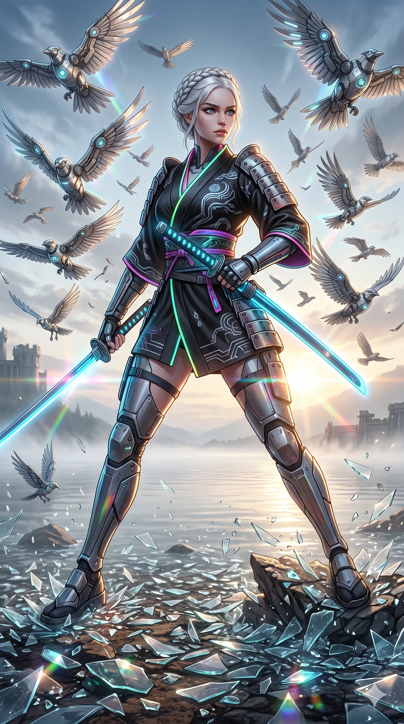score_9, masterpiece, best quality, ultra-detailed, Set A: High-budget Anime Keyframe, Korean woman. Low angle cowboy shot filling the entire 9:16 frame with her statuesque presence. Standing victoriously through a misty lakeside at dawn, surrounded by a whirlwind of 162 mechanical birds and surrounded by shattered glass fragments. She has an well-proportioned figure, an tall and elegant figure with elegant legs and an graceful posture. Sharp v-shaped jawline, high-bridge nose, intricate jewel-like eyes with depth, thick eyelashes, glossy lips with a natural sheen. Wearing Cyber-samurai gear with a short silk kimono and glowing neon katana sheath. Cinematic lighting, vibrant colors, dramatic shadows, 2k, ultra detail, master piece, 9:16 ratio