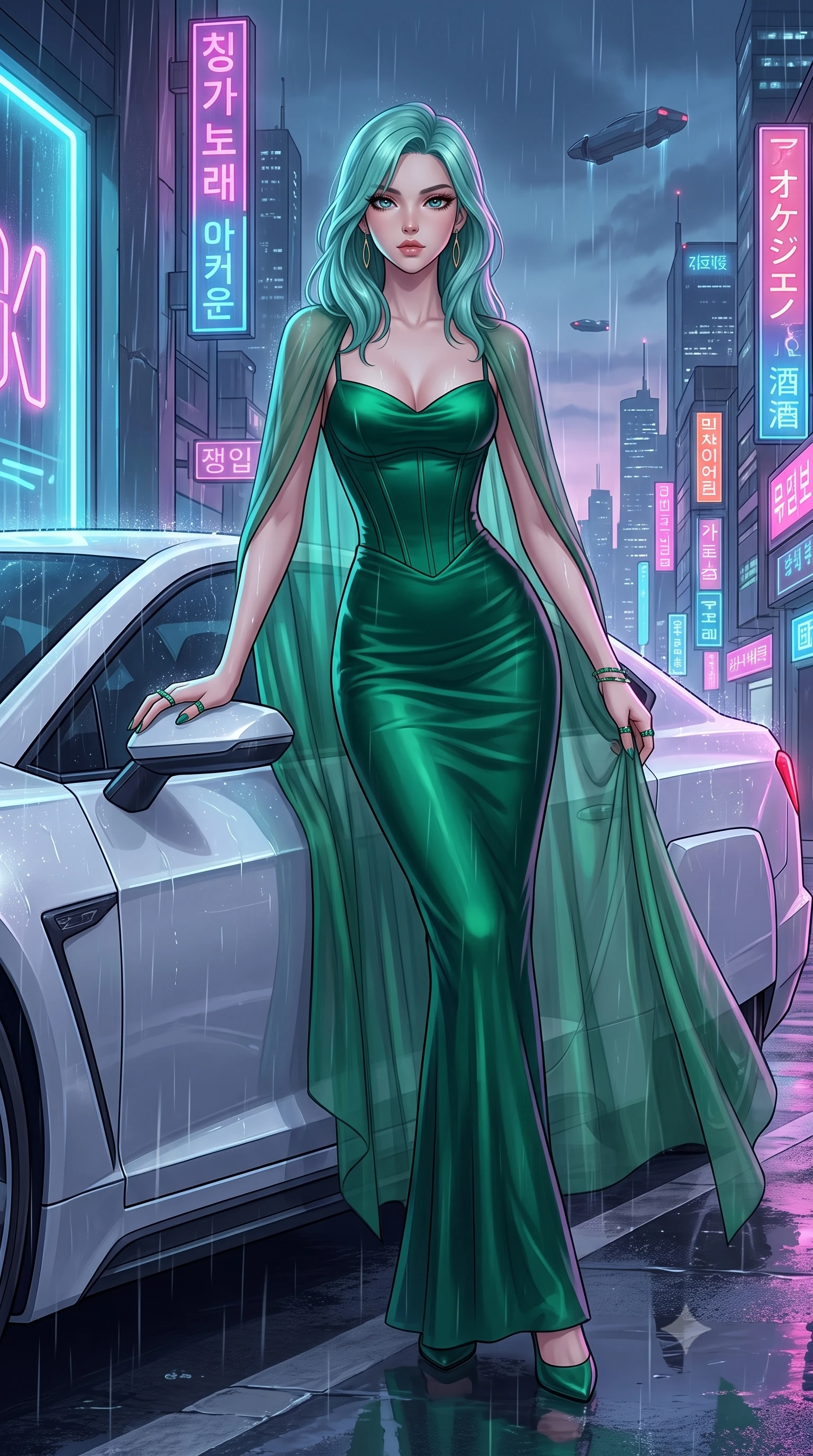 score_9, masterpiece, best quality, ultra-detailed, High-budget Anime Keyframe, East Asian woman. Dynamic full-body shot stretching the vertical silhouette to the limit. Scenario 440: leaning against a sleek white hover-limousine by a glowing neon window at twilight with soft rain falling. Her presence is magnetic and overpowering in this high-budget anime scene. Outfit 440: a slim-fit emerald green liquid silk corset dress draped with a semi-transparent chiffon cape. The clothing is designed to emphasize her exceptionally tall and slender 8-heads proportion. 8-heads proportion, towering silhouette, ultra-slim waist. sharp v-shaped jawline, intricate jewel-like eyes with depth, thick eyelashes, glossy lips. 2k, ultra detail, master piece, 9:16 ratio