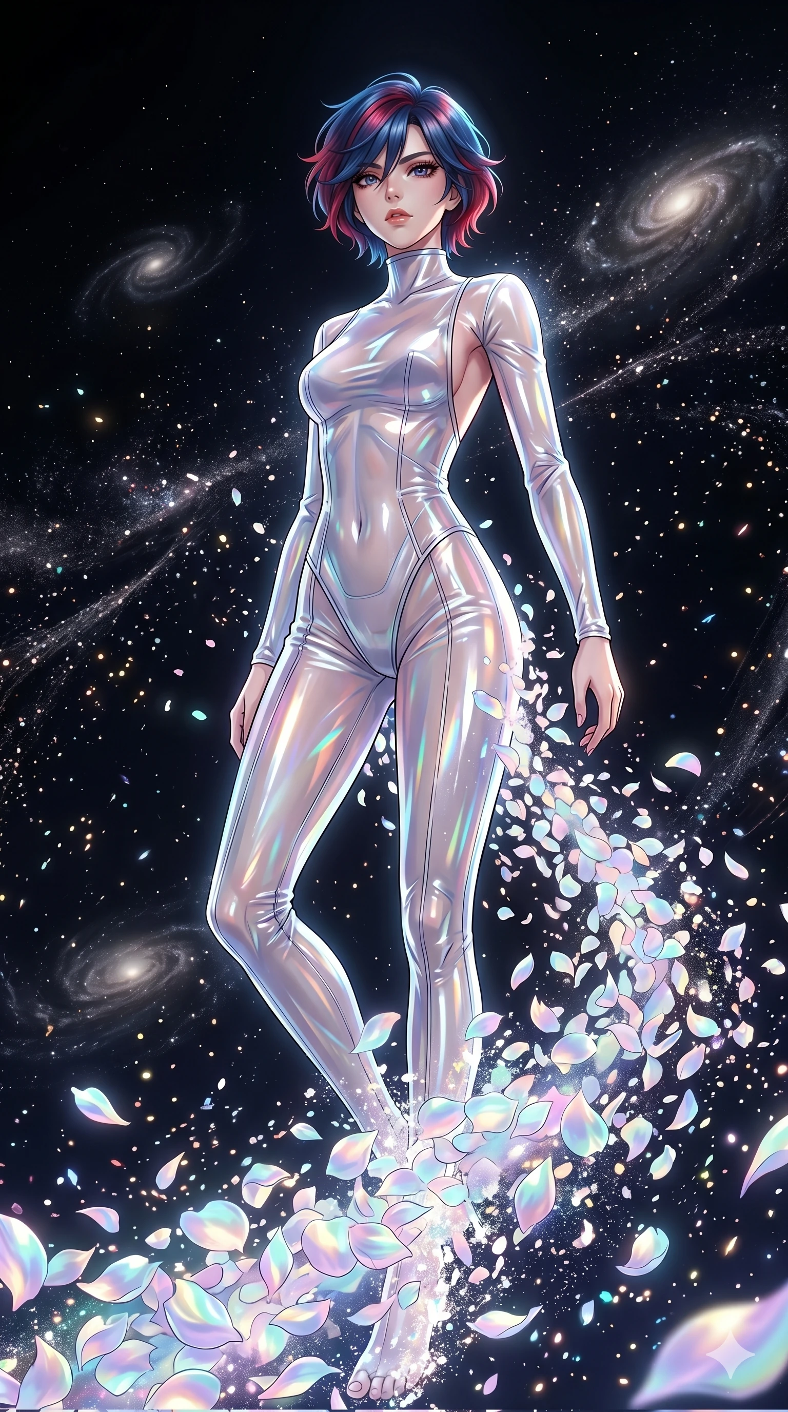 score_9, masterpiece, best quality, ultra-detailed, High-budget Anime Keyframe, East Asian woman. Low angle cowboy shot filling the entire 9:16 frame with her statuesque presence. Scenario 291: Dissolving into a cloud of iridescent silk petals in a void. Her presence is magnetic and overpowering in this high-budget anime scene. Outfit 291: A translucent PVC dangerous with a backless design and wet-look texture. The clothing is designed to emphasize her exceptionally tall and slender 8-heads proportion. 8-heads proportion, towering silhouette, ultra-slim waist. sharp v-shaped jawline, intricate jewel-like eyes with depth, thick eyelashes, glossy lips. 2k, ultra detail, master piece, 9:16 ratio