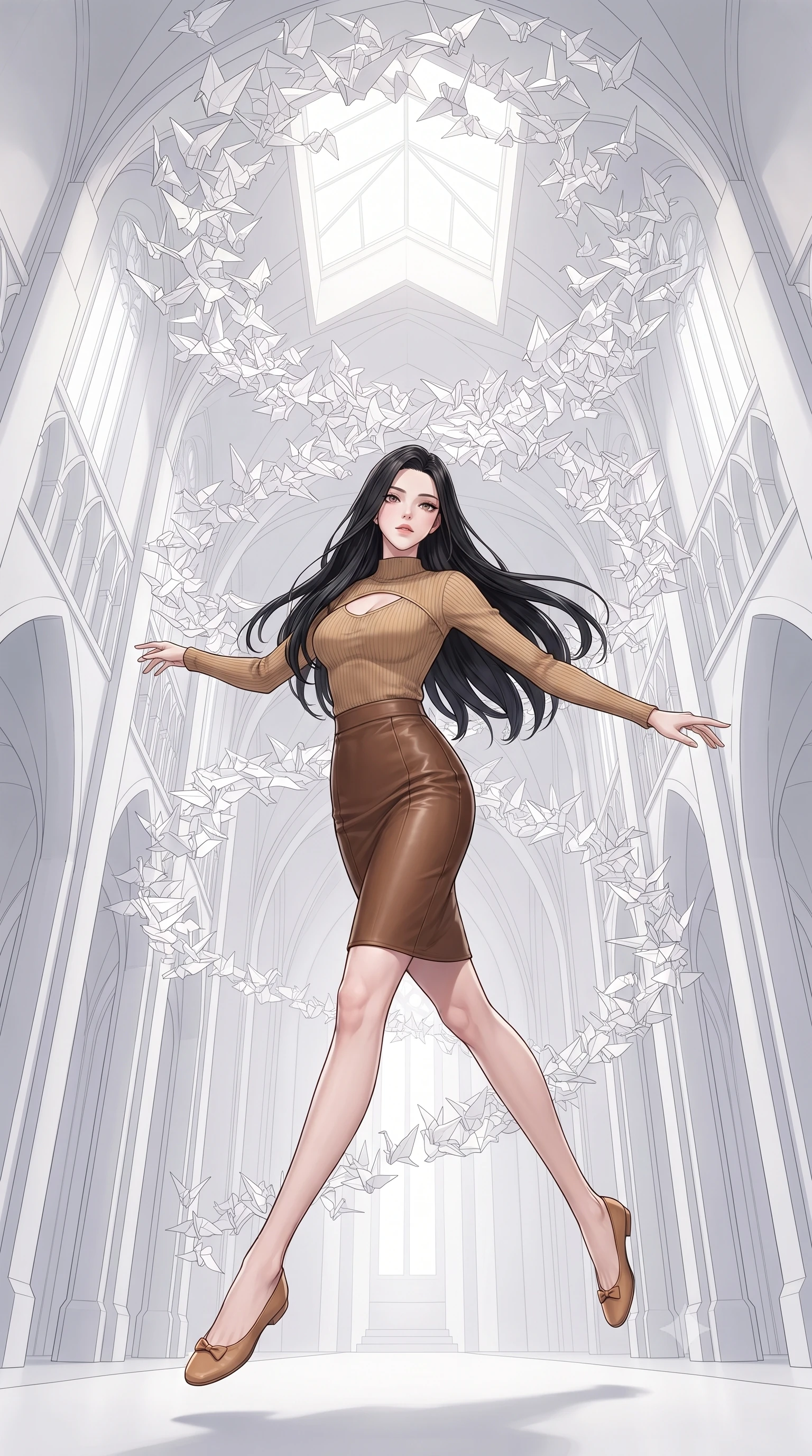score_9, masterpiece, best quality, ultra-detailed, high-budget anime keyframe, gorgeous anime illustration, with clean line-art and distinct ink outlines, Korean woman. low angle full-body shot from head to toe showing her feet, filling the entire 9:16 vertical frame with her statuesque presence, stretching her vertical silhouette. leaping gracefully through inside a cathedral constructed from white folded paper arches, where thousands of white origami birds float in a spiral vortex reaching toward a skylight. She has a statuesque 8.5-heads proportion, an exceptionally tall, slender and willowy model-like build with impossibly long legs and a highly sculpted ultra-slim waist. sharp v-shaped jawline, high-bridge nose, intricate jewel-like eyes with depth, thick eyelashes, glossy lips with a natural sheen. wearing a camel-colored knit top with a keyhole chest cutout, paired with a brown leather pencil skirt. soft, diffused natural daylight streaming from the high skylight, creating a clean white atmosphere with soft shadows. 2k, ultra detail, master piece, 9:16 ratio, vibrant anime color palette, detailed cel-shading with soft gradients, rich contrast, dynamic lighting, 2d animation style