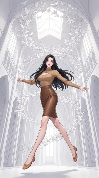 score_9, masterpiece, best quality, ultra-detailed, high-budget anime keyframe, gorgeous anime illustration, with clean line-art and distinct ink outlines, Korean woman. low angle full-body shot from head to toe showing her feet, filling the entire 9