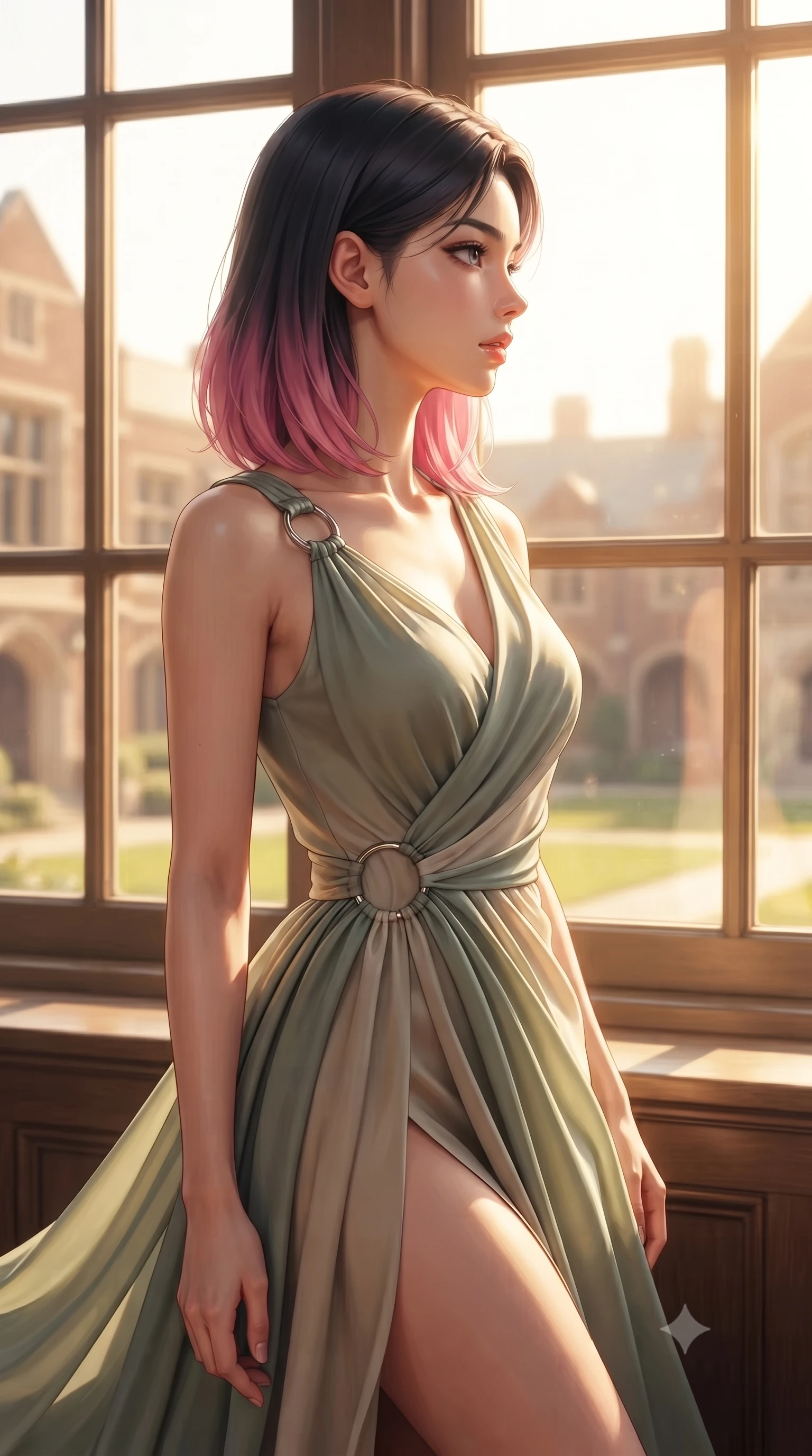score_9, masterpiece, best quality, ultra-detailed, high-budget anime keyframe, editorial fashion photography, tasteful artistic composition, Korean woman. close-up cowboy shot from the waist and thighs up, the character dominates the composition, filling the frame with her large presence, background elements kept in soft focus. Turning her face in sharp dramatic profile against the bright light, showcasing her sharp v-shaped jawline looking out a large classroom window as golden sunlight fills the quiet room, warm amber glow illuminating the quiet architectural details of the campus. She has an exceptionally elegant, slender, and willowy female figure with an ultra-slim waist, a gracefully sculpted slender torso, and a refined silhouette. sharp v-shaped jawline, high-bridge nose, intricate jewel-like eyes with depth, thick eyelashes, glossy lips with a natural sheen. wearing an asymmetrical Grecian draped chiffon gown with a metallic shoulder ring in sage green and oatmeal, crafted from lustrous satin jersey with fluid draping, accented with delicate chrome ring hardware framing her waist, the form-contouring material highlighting her ultra-slim waist and long lines. surrounded by a serene, nostalgic golden aura with soft backlighting. highly saturated vibrant anime colors, detailed shading with soft gradients, rich glossy textures, high-contrast stereoscopic depth, volumetric dynamic lighting, master piece, 9:16 ratio