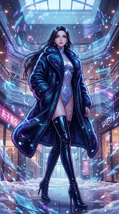 score_9, masterpiece, best quality, ultra-detailed, high-budget anime movie keyframe, cinematic anime lighting, intricate line art, Japanese woman. Low angle cowboy shot filling the entire 9:16 frame with her statuesque presence. walking through a bl