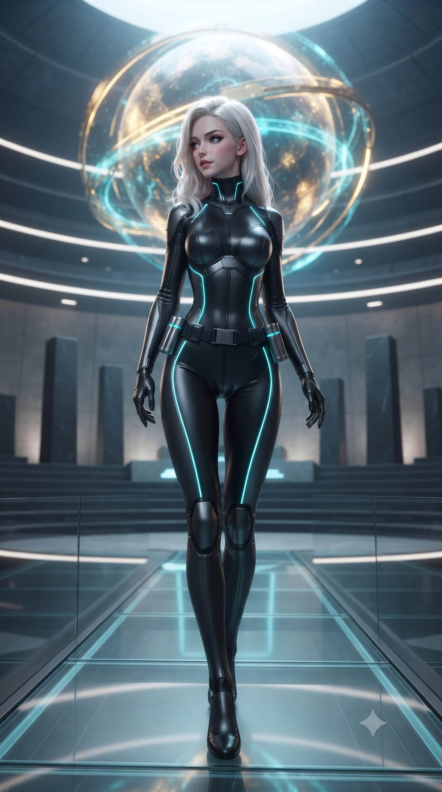 score_9, masterpiece, best quality, ultra-detailed, high-budget anime keyframe, editorial fashion photography, tasteful artistic composition, Caucasian woman. low angle full-body shot from head to toe showing her feet, filling the entire 9:16 vertical frame with her statuesque presence, stretching her vertical silhouette. walking slowly along the transparent glass skybridge, looking back over her shoulder with an air of effortless grace and an alluring, smoldering smile while standing in the center of the semicircular amphitheater beneath a colossal floating planetary matrix, arching her spine with sovereign authority. The background shows a soft-focus soaring minimalist black stone monoliths and recessed lighting strips softened in prestigious sci-fi senate shallow focus. She has an absolutely perfect, statuesque 8.5-heads proportion, an exceptionally tall and slender model-like female figure with impossibly long slender legs, an ultra-slim waist, a flat toned midriff, narrow delicate ribcage, and beautifully sculpted feminine hips creating a graceful, slim hourglass silhouette without any bulky heaviness. sharp v-shaped jawline, high-bridge nose, intricate jewel-like sparkling eyes with depth, thick eyelashes, glossy parted lips with a natural sheen, bright confident smile with an enchanting and coquettish sensual glint, exuding both youthful magnetic charm and sovereign high-tech allure, flawlessly proportioned anatomical accuracy, strict slender model proportions, natural body alignment, perfectly sculpted long slender limbs, ultra-slim waistline, clean dynamic posture without body distortion. wearing a form-contouring cybernetic combat suit in matte black latex and carbon fiber, tracing her willowy silhouette with a high neck in matte obsidian black and glowing neon cyan trim, tailored from brushed aeronautical titanium alloy with matte satin sheen, accented with a sleek utility belt with polished magnetic canisters resting loosely on her curvy hips, the form-fitting tactical tailoring adhering flawlessly to her sculpted flat midriff and slender torso, emphasizing her long leg lines and perfectly proportioned willowy build. bathed in regal gold and cyan holographic light radiating from the floating globe matrix. ultra-reflective glossy finish, specular highlights, rich textural contrasts, high-contrast stereoscopic depth, volumetric dynamic lighting, 2k, ultra detail, master piece, 9:16 ratio
