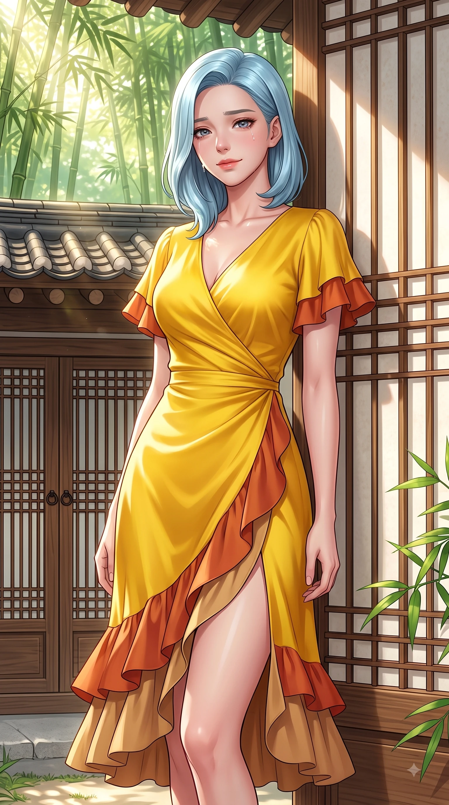 score_9, masterpiece, best quality, ultra-detailed, high-budget anime keyframe, editorial fashion photography, tasteful artistic composition, Korean woman. close-up cowboy shot from the waist and thighs up, the character dominates the composition, filling the frame with her large presence. Heart-tugging melancholic glance with a subtle drop of emotion in her eyes and a quiet wistful posture while leaning against a sun-drenched paper screen door with a serene, magnetic pose. The surrounding environment is rendered in vivid detail and crisp panoramic clarity. traditional Hanok clay roof tiles, intricate wooden lattice doors, and green bamboo stalks in crisp clarity. She has an exceptionally elegant, slender, and willowy female figure with an ultra-slim waist, a gracefully sculpted slender torso, and a refined silhouette. sharp v-shaped jawline, high-bridge nose, intricate jewel-like eyes with depth, thick eyelashes, glossy lips with a natural sheen, flawlessly proportioned anatomical accuracy, natural body alignment, perfectly sculpted elegant limbs, clean dynamic posture without body distortion. wearing a cheerful sunflower yellow silk wrap dress with fluttery ruffle hems in burnt orange and warm camel beige, crafted from smooth liquid silk satin, finished with a sleek side slit ascending to mid-thigh, the chic fashion cut framing her graceful clavicle and slender torso. bathed in bright morning sunbeams filtering through lush bamboo canopies. highly saturated vibrant anime colors, detailed shading with soft gradients, rich glossy textures, high-contrast stereoscopic depth, volumetric dynamic lighting, master piece, 9:16 ratio