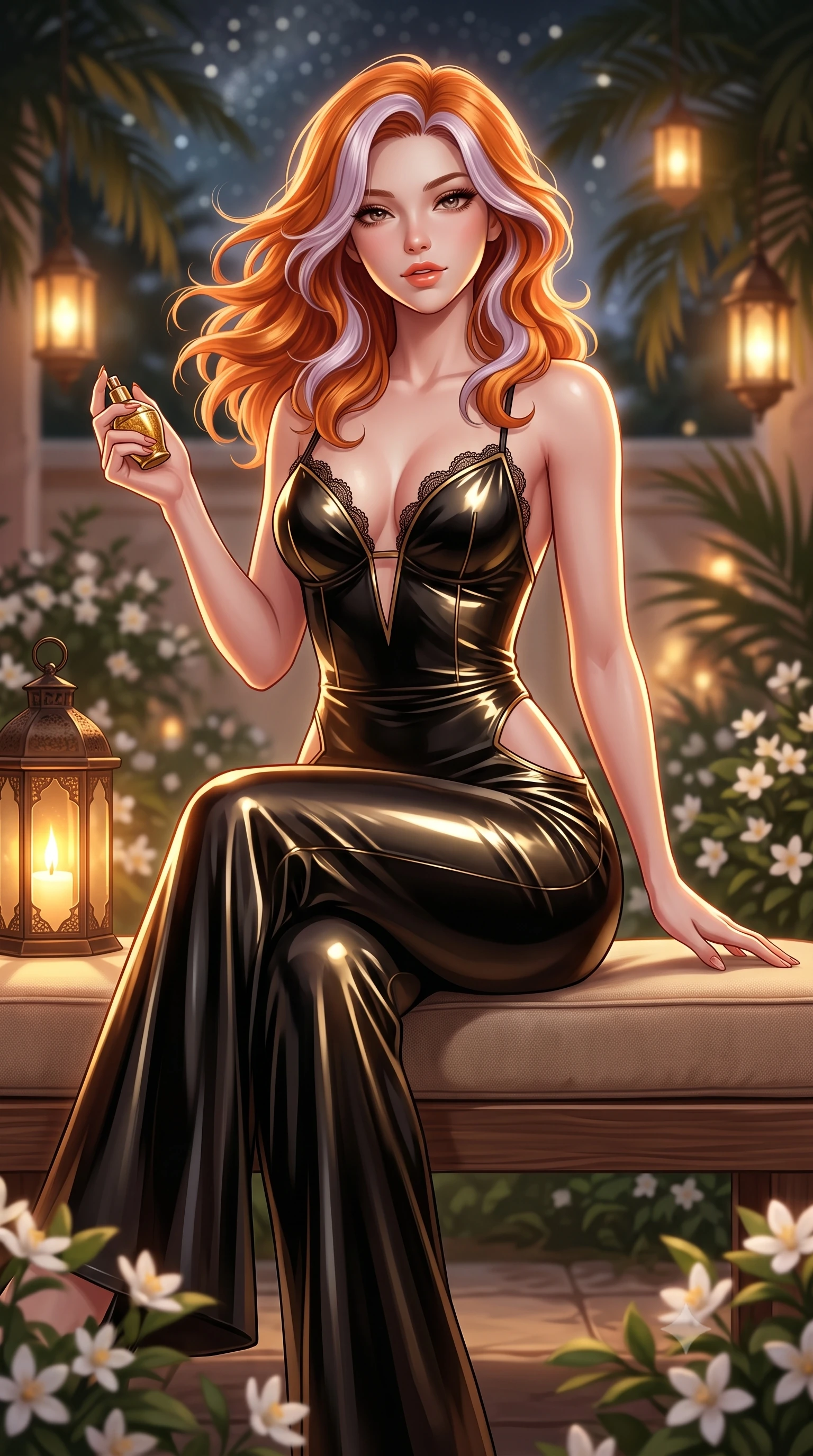 score_9, masterpiece, best quality, ultra-detailed, high-budget anime keyframe, semi-realistic 3D game render, editorial fashion photography, tasteful artistic composition, Caucasian woman. close-up cowboy shot from the waist and thighs up, the character dominates the composition, filling the frame with her large presence. turning slowly with an enchanting smoldering smile, her glossy hair tossing in the breeze as her hips angle gracefully in a captivating contrapposto while sitting poised on the low cushioned cedar bench with legs crossed, holding a brass perfume vial with dangerous coquettish allure. The background shows a soft-focus blooming white orange blossom trees in courtyard below, flickering lantern glows among palm fronds, and starry sky blurred into honey, ivory, and obsidian bokeh. She has an exceptionally elegant, slender, and willowy female figure with an ultra-slim waist, flat toned midriff, narrow ribcage, and sculpted feminine hips creating an alluring, slim hourglass silhouette without bulk. sharp v-shaped jawline, high-bridge nose, sparkling eyes with hypnotic seductive depth, thick curled eyelashes, glossy parted lips with a natural dewy peach sheen, alluring bedroom-eyes with an enchanting coquettish smile, exuding magnetic siren charisma and sophisticated glamour, flawlessly proportioned anatomical accuracy, strict slender model proportions, natural body alignment, perfectly sculpted long slender limbs, ultra-slim waistline, clean dynamic posture without body distortion. wearing a backless plunge-front silk satin jumpsuit with fluid wide-leg silhouette and side hip cutouts in Shanghai Art Deco black and polished brass gold, crafted from wet-look high-gloss vinyl fabric with dazzling specular surface reflections, finished with scalloped eyelash lace trim framing her sweetheart neckline with intimate elegance, the liquid-tight tailored fabric clinging flawlessly to her narrow waist and rounded feminine hips, emphasizing every millimeter of her sculpted slim hourglass curves without any bulky heaviness. illuminated by warm interior lantern bounce and sharp silver-gold rim lights defining her razor-sharp jawline, narrow waist, and curvy hips. highly saturated vibrant anime colors, detailed shading with soft gradients, rich glossy textures, high-contrast stereoscopic depth, volumetric dynamic lighting, master piece, 9:16 ratio