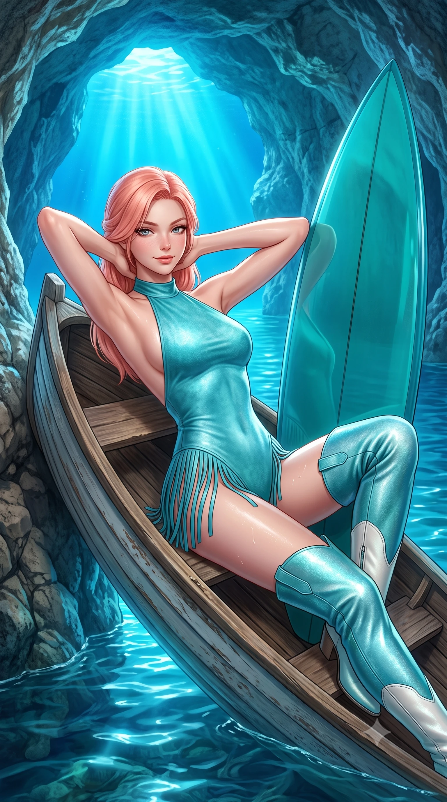score_9, masterpiece, best quality, ultra-detailed, high-budget anime keyframe, semi-realistic 3D game render, editorial fashion photography, tasteful artistic composition, Japanese woman. close-up cowboy shot from the waist and thighs up, the character dominates the composition, filling the frame with her large presence. resting both hands lightly behind her neck with elbows raised, arching her spine to highlight her narrow waist, flat midriff, and breathtaking collarbones while reclining on the small wooden rowboat propped on one hand, her wet-look silhouette radiating supernatural Mediterranean beauty. The surrounding environment is rendered in vivid detail and crisp panoramic clarity: sharp limestone cave wall texture, water surface meniscus clarity, and glowing underwater light beam refraction in deep focus. She has an exceptionally elegant, slender, and willowy female figure with an ultra-slim waist, flat toned midriff, narrow ribcage, and sculpted feminine hips creating an alluring, slim hourglass silhouette without bulk. sharp v-shaped jawline, high-bridge nose, sparkling eyes with hypnotic seductive depth, thick curled eyelashes, glossy parted lips with a natural dewy peach sheen, alluring bedroom-eyes with an enchanting coquettish smile, exuding magnetic siren charisma and sophisticated glamour, flawlessly proportioned anatomical accuracy, strict slender model proportions, natural body alignment, perfectly sculpted long slender limbs, ultra-slim waistline, clean dynamic posture without body distortion. wearing a slinky backless halterneck suede leotard with fringe accents along the side hips and thigh-high cowboy boots in shimmering turquoise aqua and pure pearl alabaster, woven from buttery-soft stretch lambskin leather adhering to her body like a second skin, accented with a custom high-gloss tinted surfboard held lightly with one hand, the form-contouring silhouette accentuating her sculpted flat midriff, narrow delicate ribcage, and gracefully curvy hips with intoxicating allure. bathed in ethereal glowing cobalt-and-cyan light radiating upward through the submerged cave opening. highly saturated vibrant anime colors, detailed shading with soft gradients, rich glossy textures, high-contrast stereoscopic depth, volumetric dynamic lighting, master piece, 9:16 ratio