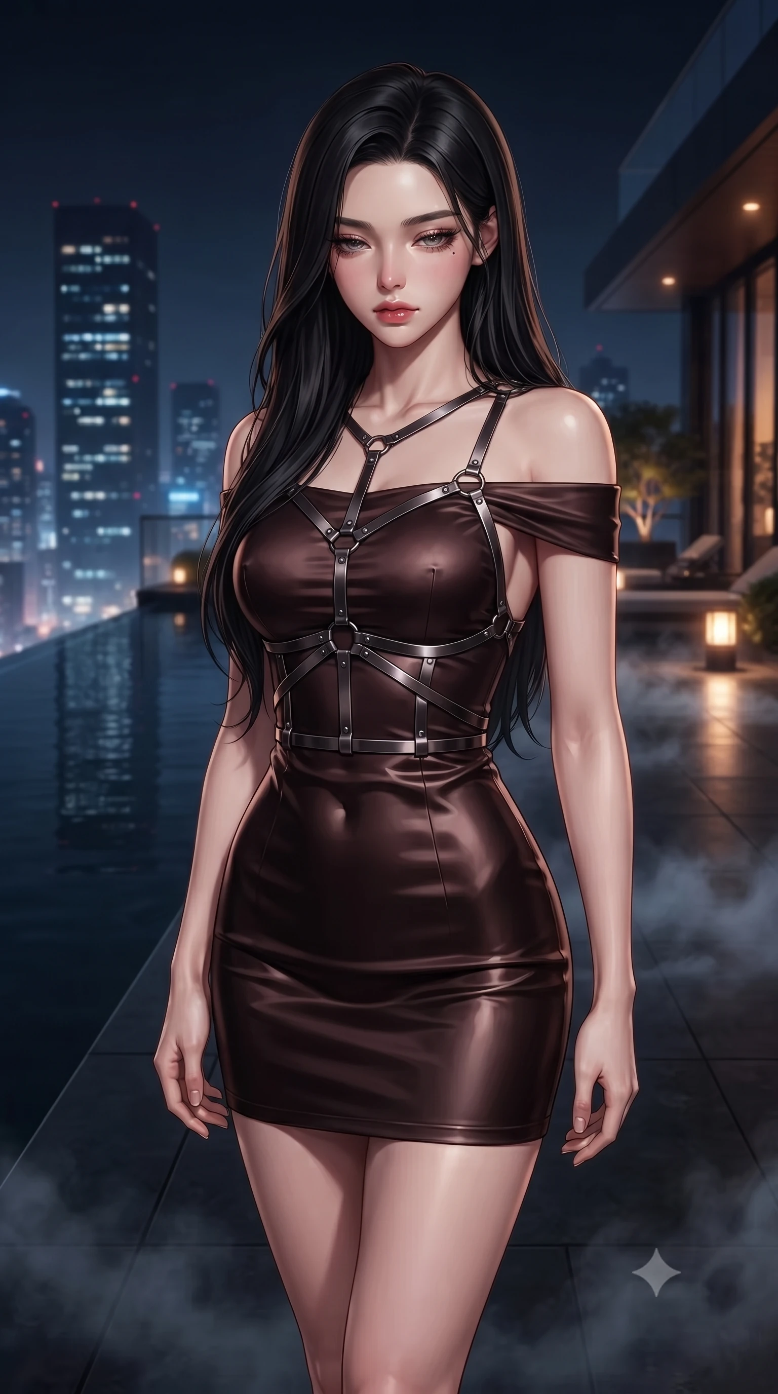 score_9, masterpiece, best quality, ultra-detailed, high-budget anime keyframe, editorial fashion photography, tasteful artistic composition, Korean woman. close-up cowboy shot from the waist and thighs up, the character dominates the composition, filling the frame with her large presence, background elements kept in soft focus. Looking down with lowered lashes and a composed, powerful dark aura, standing beside a dark infinity pool reflecting distant night city skyscrapers, cool night mist drifting gently across the dark rooftop terrace. She has an exceptionally elegant, slender, and willowy female figure with an ultra-slim waist, a gracefully sculpted slender torso, and a refined silhouette. sharp v-shaped jawline, high-bridge nose, intricate jewel-like eyes with depth, thick eyelashes, glossy lips with a natural sheen. wearing backless liquid vinyl mini slip dress with bare shoulder neckline in dark mahogany, made of soft dark satin, highlighted by a gunmetal metallic harness structure, highlighting her statuesque proportions and ultra-slim waistline. illuminated by low warm amber garden lights and distant city skyglow. highly saturated vibrant anime colors, detailed shading with soft gradients, rich glossy textures, high-contrast stereoscopic depth, volumetric dynamic lighting, master piece, 9:16 ratio