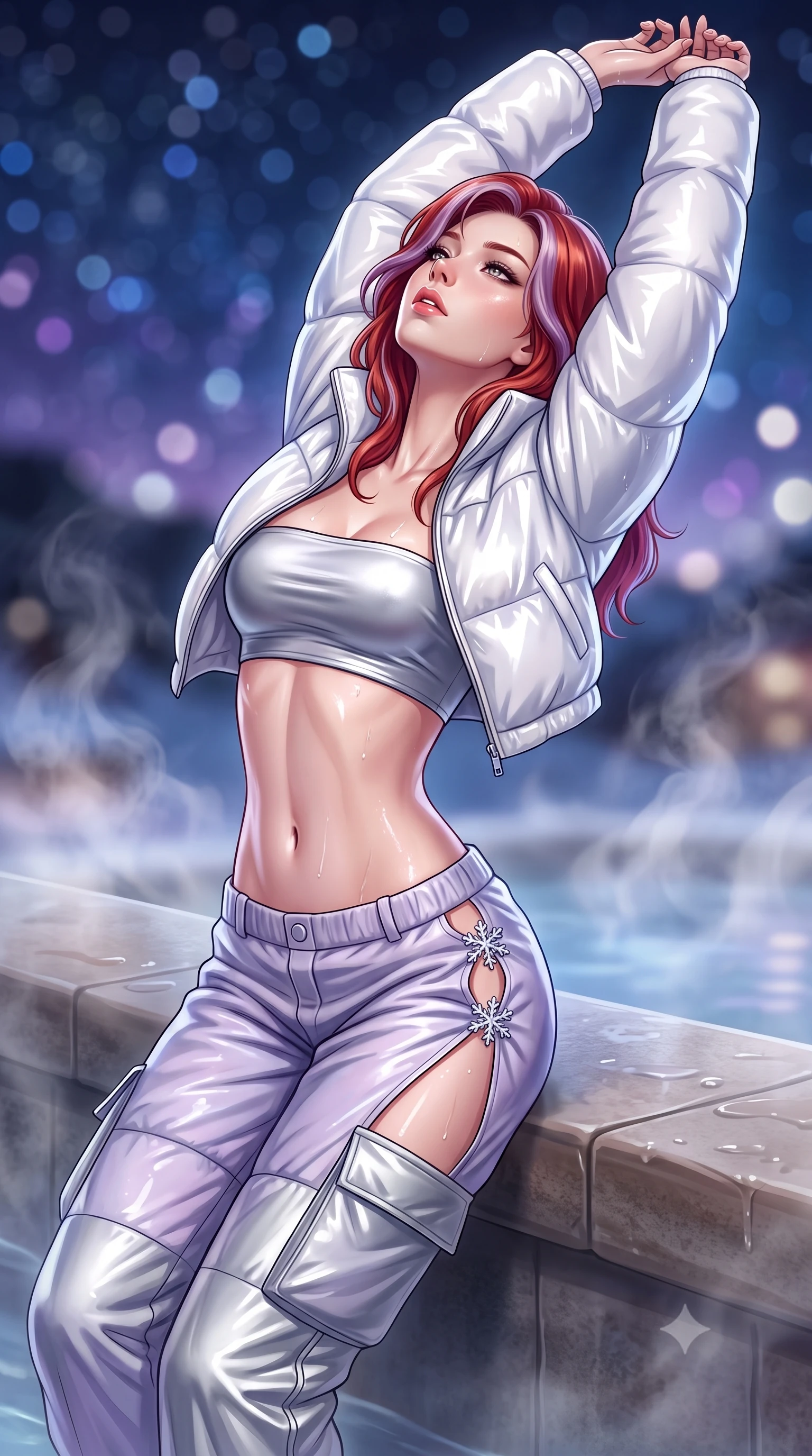 score_9, masterpiece, best quality, ultra-detailed, high-budget anime keyframe, semi-realistic 3D game render, editorial fashion photography, tasteful artistic composition, Caucasian woman. close-up cowboy shot from the waist and thighs up, the character dominates the composition, filling the frame with her large presence. arching her back languidly with arms stretching overhead, highlighting her narrow waist and feminine silhouette in pure supermodel elegance while leaning against the smooth stone pool ledge, head tilted back toward starry alpine skies with parted, glossy lips. The composition keeps background elements in soft focus with creamy bokeh. rising thermal steam swirls and starry alpine night skies blurred into deep sapphire, amethyst, and pearl-white bokeh. She has an exceptionally elegant, slender, and willowy female figure with an ultra-slim waist, a gracefully sculpted slender torso, toned flat midriff, and a refined slim silhouette. sharp v-shaped jawline, high-bridge nose, intricate jewel-like eyes with depth, thick eyelashes, glossy parted lips with a natural sheen, intensely captivating and seductive expression, flawlessly proportioned anatomical accuracy, strict slender model proportions, natural body alignment, perfectly sculpted long slender limbs, ultra-slim waistline, clean dynamic posture without body distortion. wearing a cropped white puffer jacket worn over a metallic silver tube top and low-slung insulated cargo pants in frosted lavender mist and metallic silver, made of seamless compression knit with anatomical curves sculpting, accented with an ultra-high side slit secured by crystal snowflake clasps, the snug thermal second-skin fit accentuating her razor-sharp statuesque lines and slim hourglass silhouette amidst the cold snow. illuminated by wet specular highlights accentuating her slender neckline, sculpted waist, and curves. highly saturated vibrant anime colors, detailed shading with soft gradients, rich glossy textures, high-contrast stereoscopic depth, volumetric dynamic lighting, master piece, 9:16 ratio