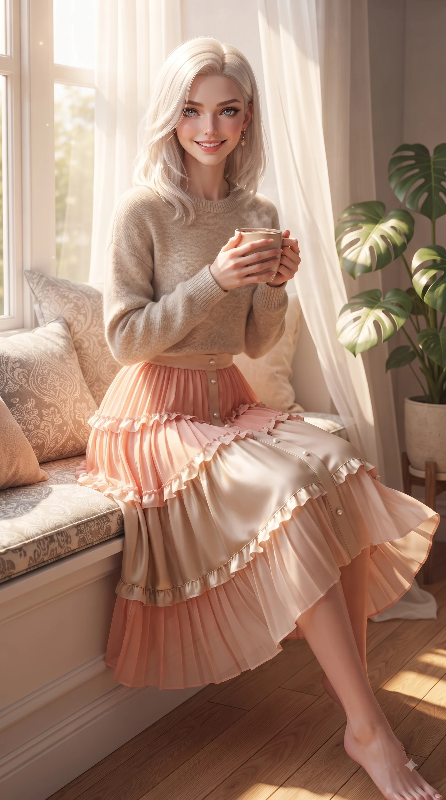 score_9, masterpiece, best quality, ultra-detailed, high-budget anime keyframe, editorial fashion photography, tasteful artistic composition, Caucasian woman. close-up cowboy shot from the waist and thighs up, the character dominates the composition, filling the frame with her large presence. Extending one arm in an elegant stretch toward the light while smiling with vibrant, youthful self-assurance while sitting near a sun-drenched window sill holding a warm mug of cocoa with a tender, happy expression. The surrounding environment is rendered in vivid detail and crisp panoramic clarity. intricate cushion fabrics, potted Monstera leaves, and warm sunlit hardwood floors in deep focus. She has an exceptionally elegant, slender, and willowy female figure with an ultra-slim waist, a gracefully sculpted slender torso, and a refined silhouette. sharp v-shaped jawline, high-bridge nose, intricate jewel-like eyes with depth, thick eyelashes, glossy lips with a natural sheen, flawlessly proportioned anatomical accuracy, natural body alignment, perfectly sculpted elegant limbs, clean dynamic posture without body distortion. wearing a soft oatmeal cashmere pullover sweater paired with a flowing pleated satin skirt in peach blossom pink and warm oatmeal, made of fine lightweight chiffon that flutters gently in the breeze, finished with subtle ruffle trims and delicate pearl buttons, the tailored casual silhouette highlighting her fresh and youthful presence. bathed in soft, warm morning sunlight streaming through sheer curtains. ultra-reflective glossy finish, specular highlights, metallic sheen, high-contrast stereoscopic depth, volumetric dynamic lighting, 2k, ultra detail, master piece, 9:16 ratio