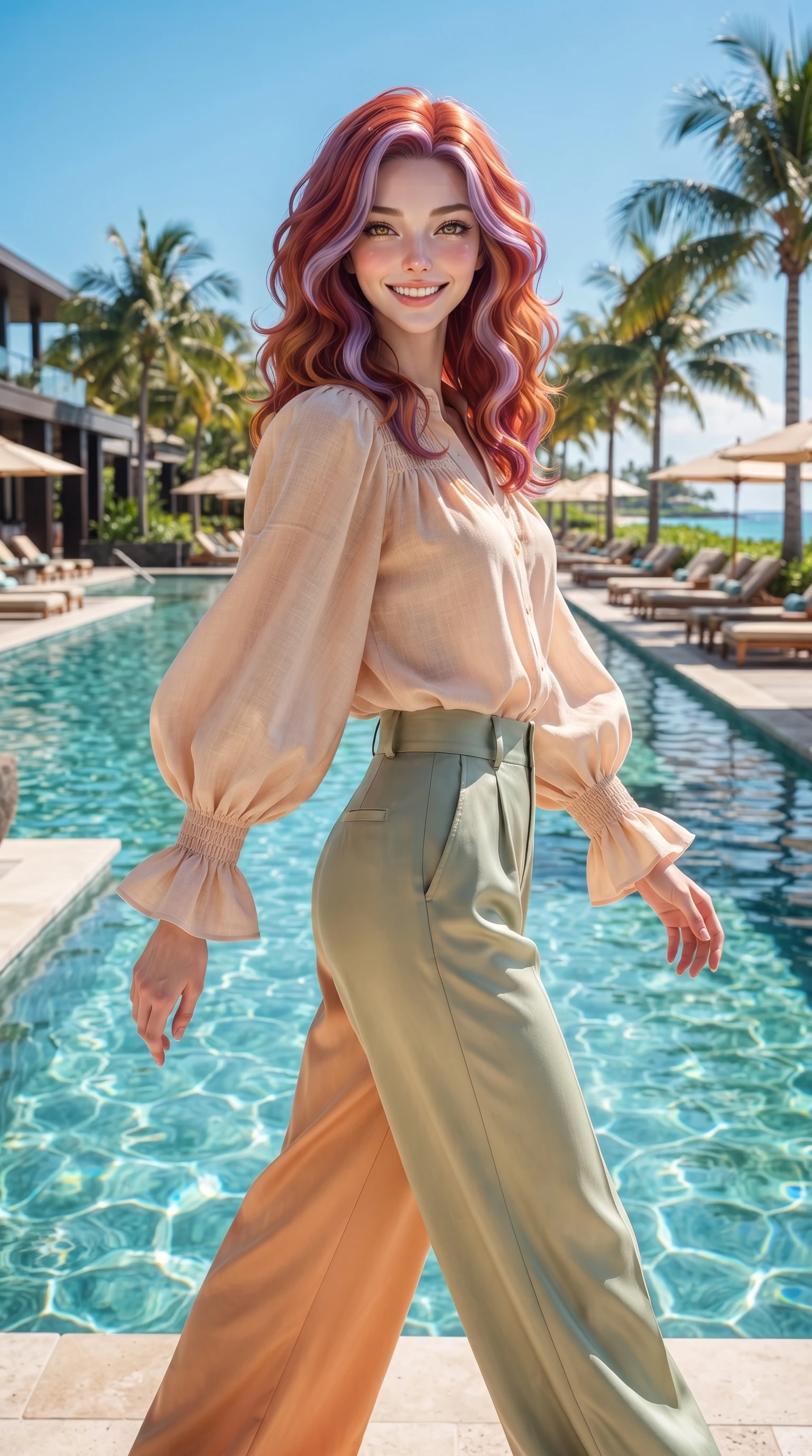 score_9, masterpiece, best quality, ultra-detailed, high-budget anime keyframe, editorial fashion photography, tasteful artistic composition, Caucasian woman. close-up cowboy shot from the waist and thighs up, the character dominates the composition, filling the frame with her large presence. Gazing directly into the camera with a fresh, infectious smile as her torso curves dynamically in mid-stride while walking gracefully along a crystal-clear resort pool deck lined with palm trees and sun loungers. The surrounding environment is rendered in vivid detail and crisp panoramic clarity. luxury resort architecture, shimmering turquoise pools, and tropical garden landscapes in deep focus. She has an exceptionally elegant, slender, and willowy female figure with an ultra-slim waist, a gracefully sculpted slender torso, and a refined silhouette. sharp v-shaped jawline, high-bridge nose, intricate jewel-like eyes with depth, thick eyelashes, glossy lips with a natural sheen, flawlessly proportioned anatomical accuracy, natural body alignment, perfectly sculpted elegant limbs, clean dynamic posture without body distortion. wearing an elegant pastel linen blouse with puff sleeves and high-waisted wide-leg trousers in warm apricot and sage green, crafted from smooth fluid silk satin, accented with soft smocked details and fluttery cuffs, the relaxed yet flattering fit accentuating her naturally graceful and slender figure. bathed in bright tropical sunshine and glittering pool water refractions. ultra-reflective glossy finish, specular highlights, metallic sheen, high-contrast stereoscopic depth, volumetric dynamic lighting, 2k, ultra detail, master piece, 9:16 ratio