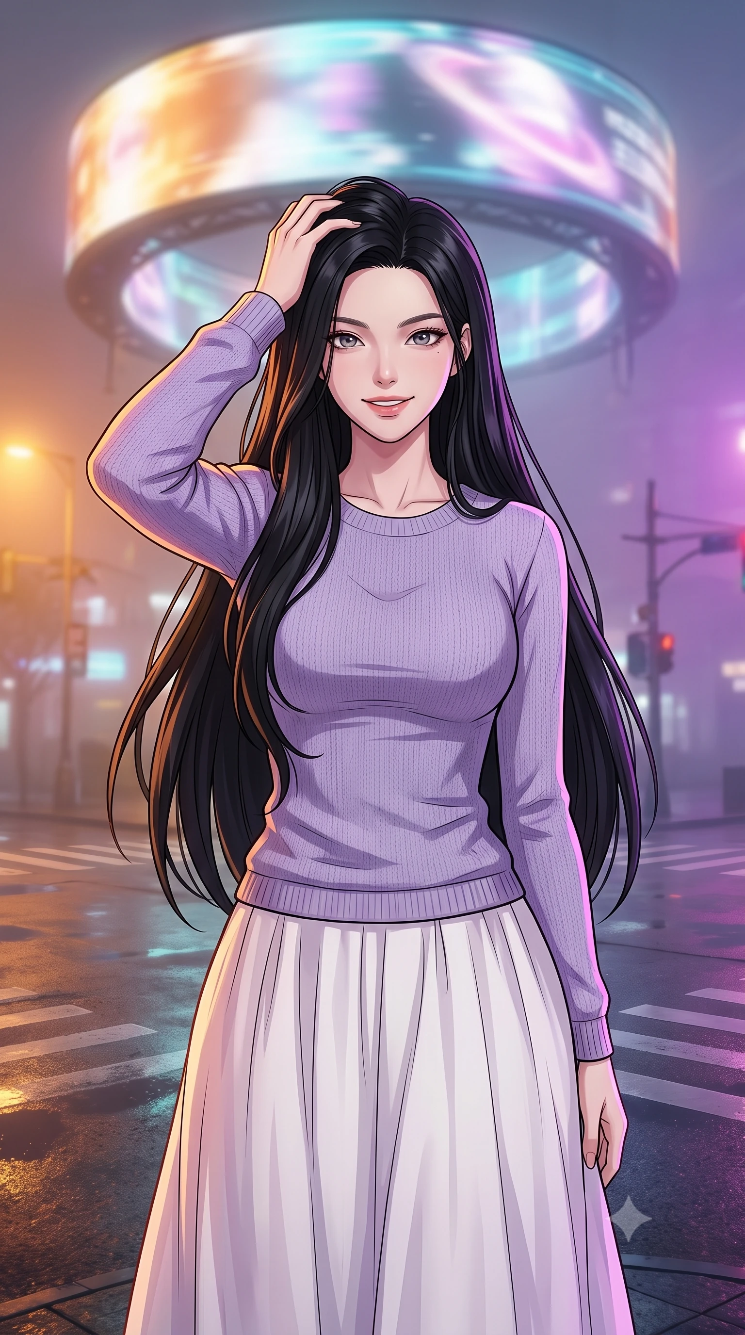 score_9, masterpiece, best quality, ultra-detailed, high-budget anime keyframe, tasteful artistic composition, Korean woman. close-up cowboy shot from the waist and thighs up, the character dominates the composition, filling the frame with her large presence, background elements kept in soft focus. smiling with quiet, magnetic self-assurance directly into the camera, running a hand through her hair the background shows a soft-focus a misty street intersection under a massive spinning hologram ring billboard. She has an exceptionally elegant, slender, and willowy female figure with an ultra-slim waist, a gracefully sculpted slender torso, and a refined silhouette. sharp v-shaped jawline, high-bridge nose, intricate jewel-like eyes with depth, thick eyelashes, glossy lips with a natural sheen. wearing a slim-fit comfortable lavender knit sweater paired with a flowy white cotton maxi skirt. rotating warm amber and cool purple lighting creating a dynamic color wash. highly saturated vibrant anime colors, cel-shading, 2d style, master piece, 9:16 ratio