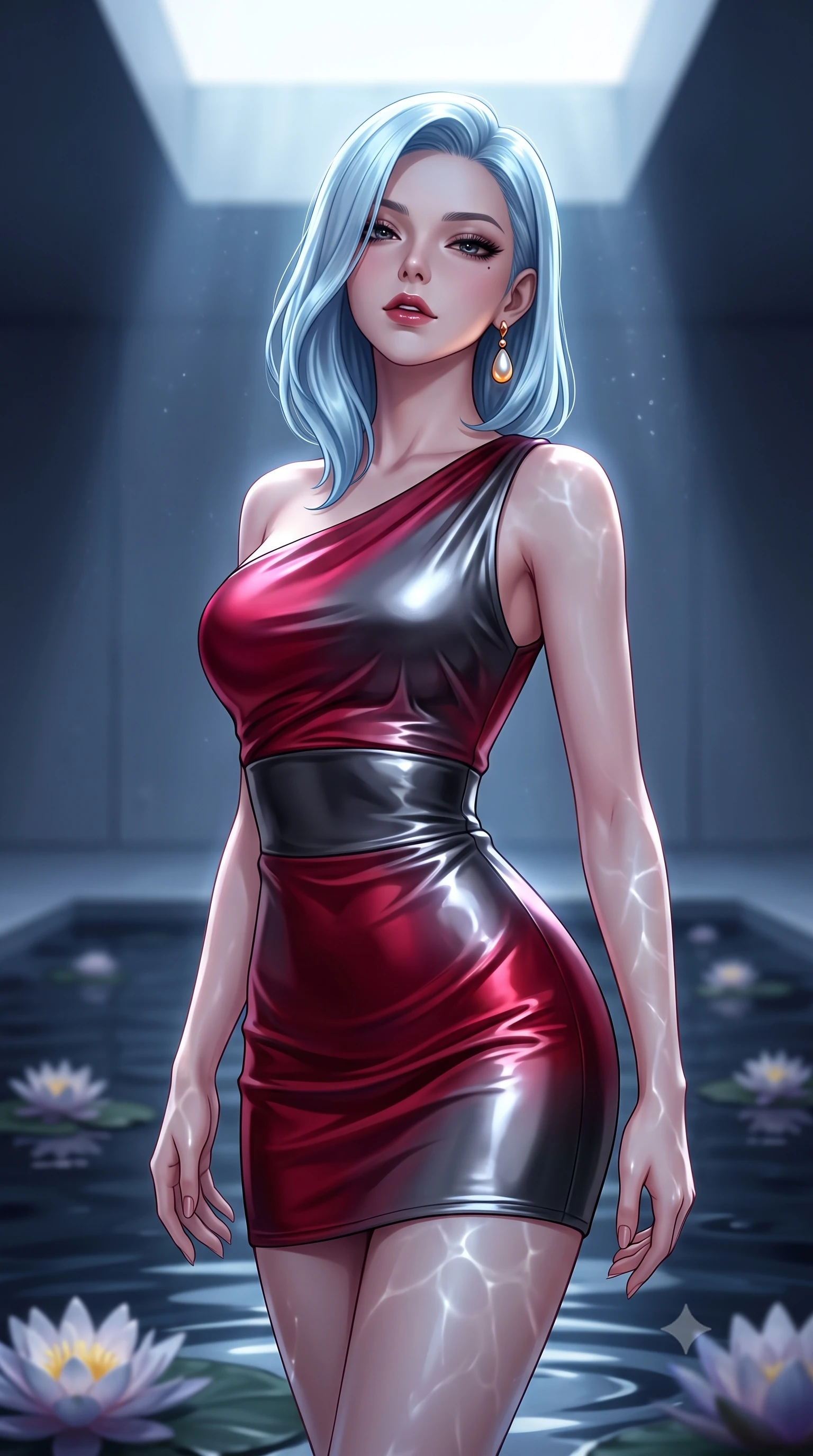 score_9, masterpiece, best quality, ultra-detailed, high-budget anime keyframe, semi-realistic 3D game render, editorial fashion photography, tasteful artistic composition, Korean woman. close-up cowboy shot from the waist and thighs up, the character dominates the composition, filling the frame with her large presence. tilting her chin up slightly with lips parted in a composed, sovereign expression, her body curving in an alluring S-line that accentuates her hip contour while twisting her slender torso in an alluring S-curve, water caustics and moonlight playing across her narrow waist and rounded feminine hips. The composition keeps background elements in soft focus with dreamy creamy bokeh. mirror-like dark water ripples and floating nocturnal water lilies softened in architectural minimalist shallow focus. She has an exceptionally elegant, slender, and willowy female figure with an ultra-slim waist, flat toned midriff, narrow ribcage, and sculpted feminine hips creating an alluring, slim hourglass silhouette without bulk. sharp v-shaped jawline, high-bridge nose, intricate jewel-like dark sparkling eyes with dangerous depth, thick curled eyelashes, glossy parted lips with a rich wine sheen, smoldering seductive half-smile with bedroom-eyes, exuding effortless superiority and intoxicating dark allure, flawlessly proportioned anatomical accuracy, strict slender model proportions, natural body alignment, perfectly sculpted long slender limbs, ultra-slim waistline, clean dynamic posture without body distortion. wearing an asymmetric one-shoulder liquid mercury metallic mini dress hugging her narrow waist and curvy hips in ruby crimson and muted shadow black, crafted from heavy fluid silk satin with a liquid mirror-like drape, accented with a single dangling baroque pearl earring reflecting the amber glow, the high-waisted tailoring accentuating her ultra-slim waistline and the enchanting curve of her feminine hips with alluring dark charm. bathed in cold silvery moonlight filtered from a dramatic high skylight opening. highly saturated vibrant anime colors, detailed shading with soft gradients, rich glossy textures, high-contrast stereoscopic depth, volumetric dynamic lighting, master piece, 9:16 ratio