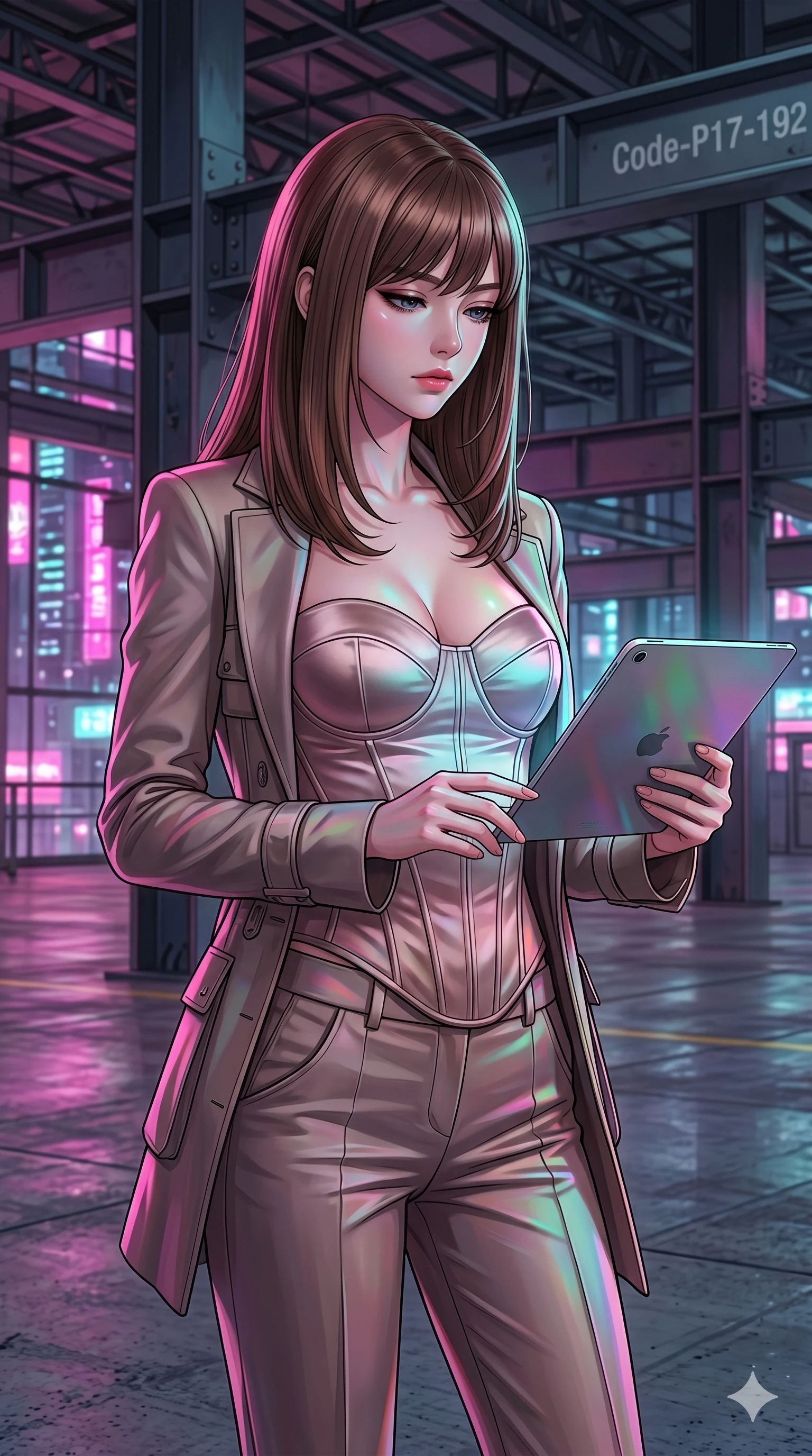 score_9, masterpiece, best quality, ultra-detailed, high-budget anime keyframe, editorial fashion photography, tasteful artistic composition, Korean woman. cowboy shot from the thighs up, character and outfit filling the frame for maximum editorial presence. holding a floating electronic tablet, looking down with a composed expression inside an industrial warehouse with steel beams (Code-P17-192). She has an absolutely perfect 8-heads proportion, an exceptionally tall and slender female figure with impossibly long slender legs and an ultra-slim waist. V-shaped jawline, high-bridge nose, intricate jewel-like eyes with depth, thick eyelashes, glossy lips with a natural sheen. wearing a structured satin structured bodice showing her sculpted contours and a fine jacket. vibrant magenta and cyan city lights casting colorful specular highlights on her skin. 2k, ultra detail, master piece, 9:16 ratio