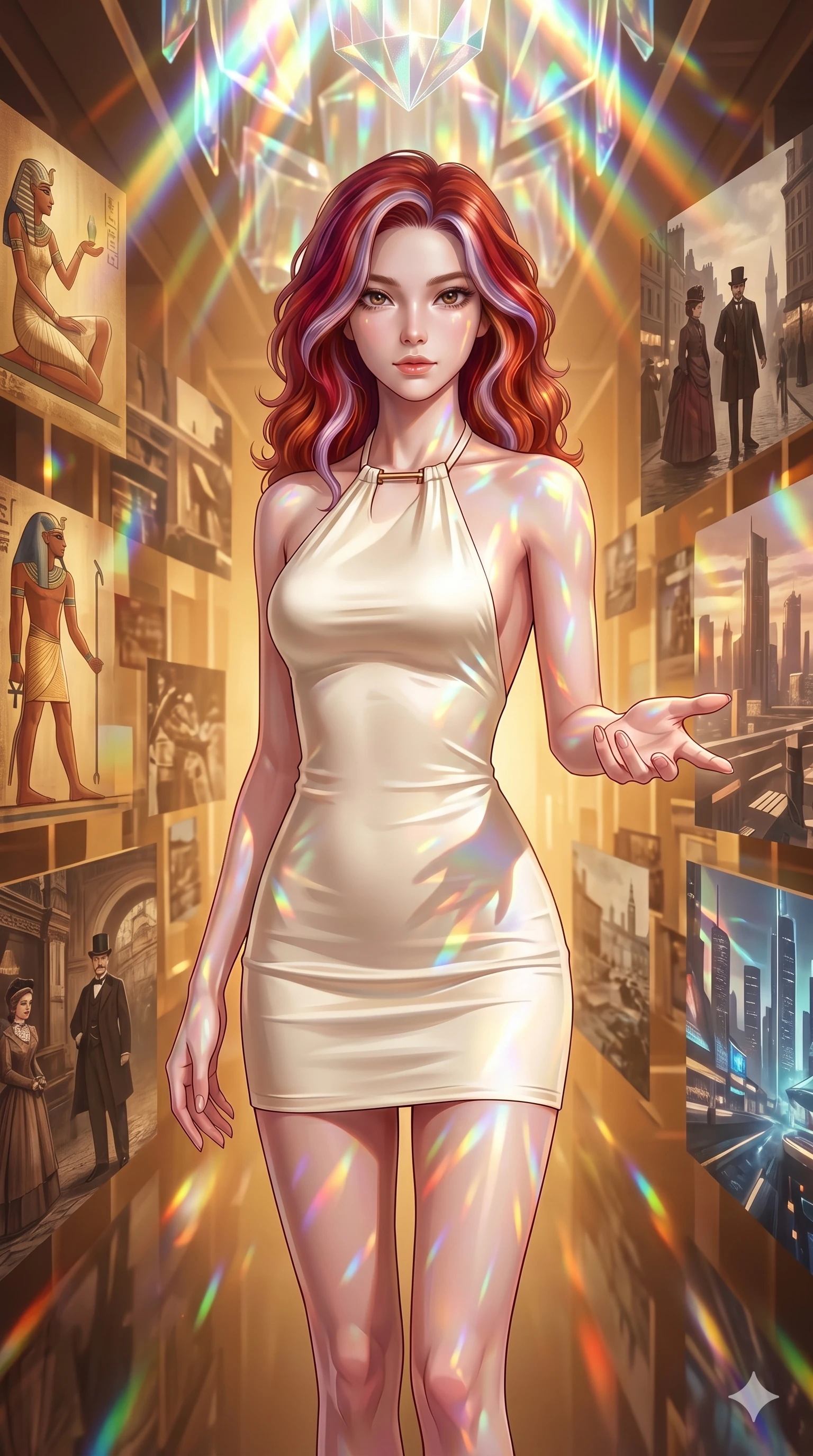 score_9, masterpiece, best quality, ultra-detailed, high-budget anime keyframe, editorial fashion photography, tasteful artistic composition, Caucasian woman, strictly human ears. cowboy shot from the thighs up, character and outfit filling the frame for maximum editorial presence. Reaching one hand toward the viewer with relaxed elegance within a temporal rift corridor of different eras suspended in amber light. She has an absolutely perfect 8-heads proportion, an exceptionally tall and slender female figure with impossibly long slender legs and an ultra-slim waist. V-shaped jawline, high-bridge nose, intricate jewel-like eyes with depth, thick eyelashes, glossy lips with a natural sheen. wearing an ultra-minimalist halter-neck mini dress in warm ivory stretch satin with a simple open-back, architectural hardware at the neck, and a perfectly form-form-sculpting body ending at upper-thigh. illuminated by cascading rainbow prismatic light refracting through crystal overhead and casting patterns on her skin. 2k, ultra detail, master piece, 9:16 ratio