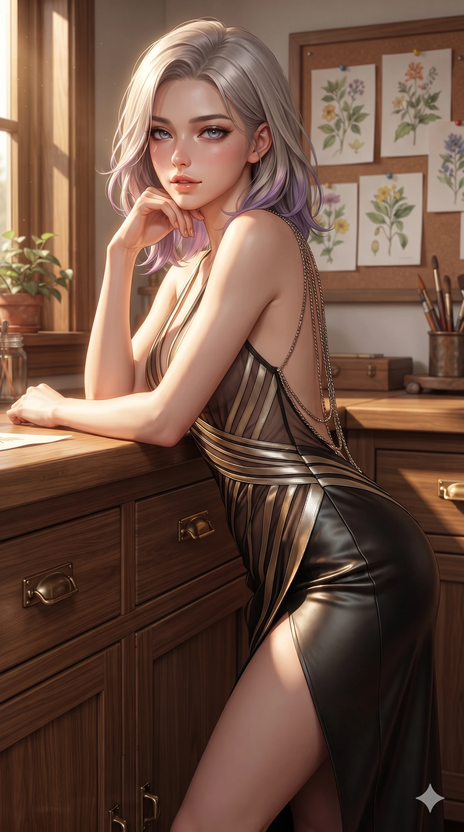 score_9, masterpiece, best quality, ultra-detailed, high-budget anime keyframe, editorial fashion photography, tasteful artistic composition, Caucasian woman. close-up cowboy shot from the waist and thighs up, the character dominates the composition, filling the frame with her large presence. resting one elbow on the potting bench and supporting her chin, leaning close to the camera with heavy-lidded sparkling eyes and parted lips while twisting her slender torso in an alluring contrapposto stance beside the research table, afternoon sunbeams illuminating her flat midriff and hips. The surrounding environment is rendered in vivid detail and crisp panoramic clarity: sharp antique brass drawer pull handles, detailed hand-painted botanical watercolors, and polished oak wood grain in deep focus. She has an exceptionally elegant, slender, and willowy female figure with an ultra-slim waist, flat toned midriff, narrow ribcage, and sculpted feminine hips creating an alluring, slim hourglass silhouette without bulk. sharp v-shaped jawline, high-bridge nose, sparkling eyes with hypnotic seductive depth, thick curled eyelashes, glossy parted lips with a natural dewy peach sheen, alluring bedroom-eyes with an enchanting coquettish smile, exuding magnetic siren charisma and sophisticated glamour, flawlessly proportioned anatomical accuracy, strict slender model proportions, natural body alignment, perfectly sculpted long slender limbs, ultra-slim waistline, clean dynamic posture without body distortion. wearing a plunge-front sheer illusion tulle slip dress with liquid platinum ribbon stripes hugging her curves in dual-tone high-contrast gold-and-black monochrome, made of supple butter-soft lambskin leather with a subtle satin sheen, accented with an open-back drape framed by falling strands of delicate chrome chains, the high-slit wrap tailoring accentuating her ultra-slim waistline and the enchanting curve of her feminine hips with alluring seductive charm. illuminated by parchment reflection fill and sharp warm-amber rim lights defining her razor-sharp jawline, narrow waist, and curvy hips. ultra-reflective glossy finish, specular highlights, rich textural contrasts, high-contrast stereoscopic depth, volumetric dynamic lighting, 2k, ultra detail, master piece, 9:16 ratio
