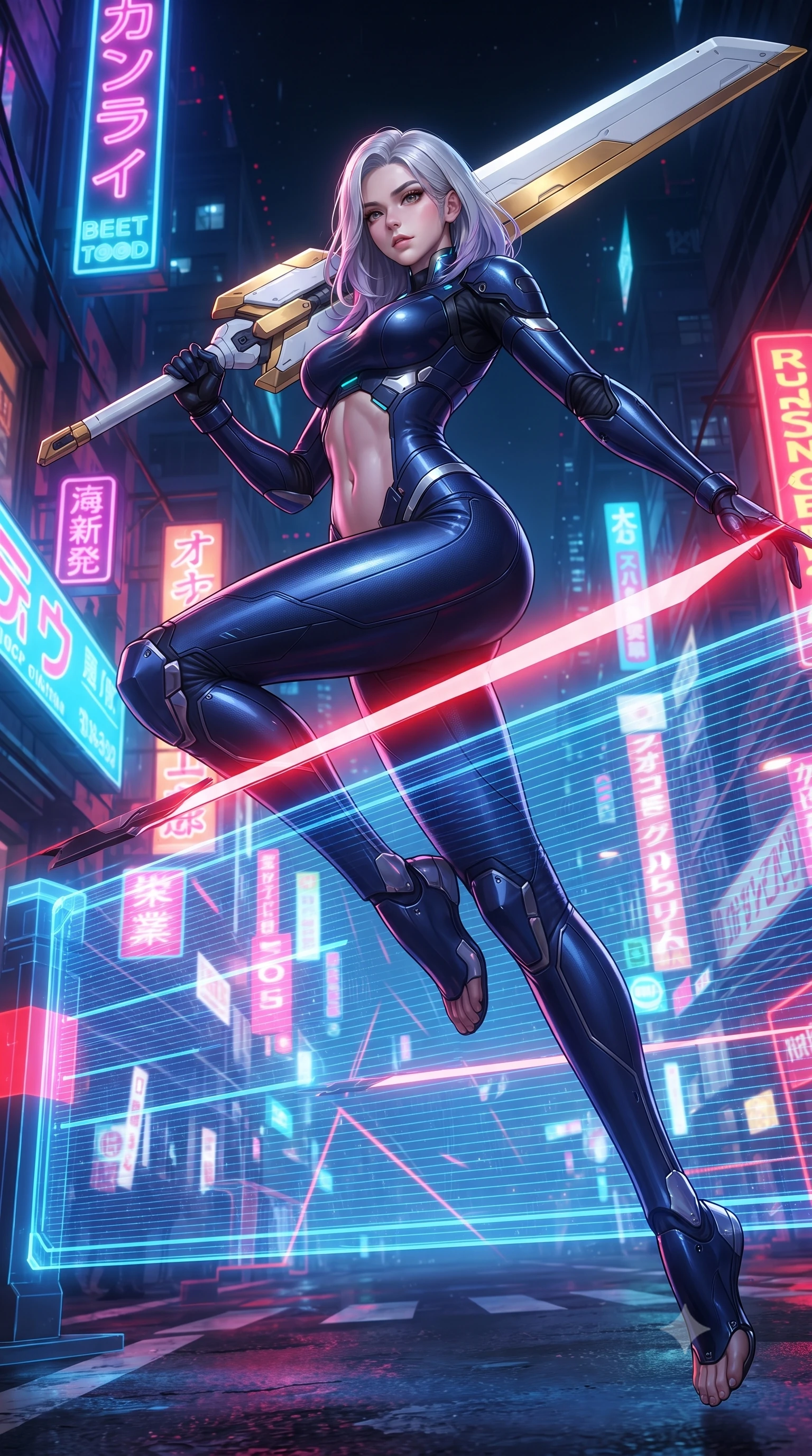score_9, masterpiece, best quality, ultra-detailed, high-budget anime keyframe, editorial fashion photography, tasteful artistic composition, Caucasian woman. low angle full-body shot from head to toe showing her feet, filling the entire 9:16 vertical frame with her statuesque presence, stretching her vertical silhouette. pivoting dynamically in mid-motion with a breathtakingly alluring posture, displaying her flawless model proportions, toned flat midriff, and ultra-slim waist while arching her spine in a fluid vault over a holographic toll barrier as crimson blade light traces her athletic torso. The surrounding environment is rendered in vivid detail and crisp panoramic clarity. vibrant high-contrast neon illumination and high-speed cyberpunk kinetic energy rendered with precision. She has an absolutely perfect, statuesque 8.5-heads proportion, an exceptionally tall and slender model-like female figure with impossibly long slender legs, a toned flat midriff, and an ultra-slim waist. sharp v-shaped jawline, high-bridge nose, intricate jewel-like eyes with depth, thick eyelashes, glossy lips with a natural sheen, flawlessly proportioned anatomical accuracy, strict slender model proportions, natural body alignment, perfectly sculpted long slender limbs, ultra-slim waistline, clean dynamic posture without body distortion. wearing a statuesque midnight cobalt carbon-fiber armor-suit with platinum trim and an ultra-slim waistline, resting a massive sleek high-frequency anti-material greatsword across her shoulder in arctic white carbon composite with radiant solar gold plating, crafted from ultra-strong woven carbon-fiber composite with a satin luster, featuring a sleek aerodynamic collar framed by subtle glowing cybernetic status LEDs, the sleek second-skin cut tightly hugging her graceful clavicle, narrow waist, and feminine curves with athletic precision. surrounded by a fast, fierce, and intoxicatingly seductive cyber-assassin muse aura. ultra-reflective glossy finish, specular highlights, dark metallic sheen, high-contrast stereoscopic depth, volumetric dynamic lighting, 2k, ultra detail, master piece, 9:16 ratio