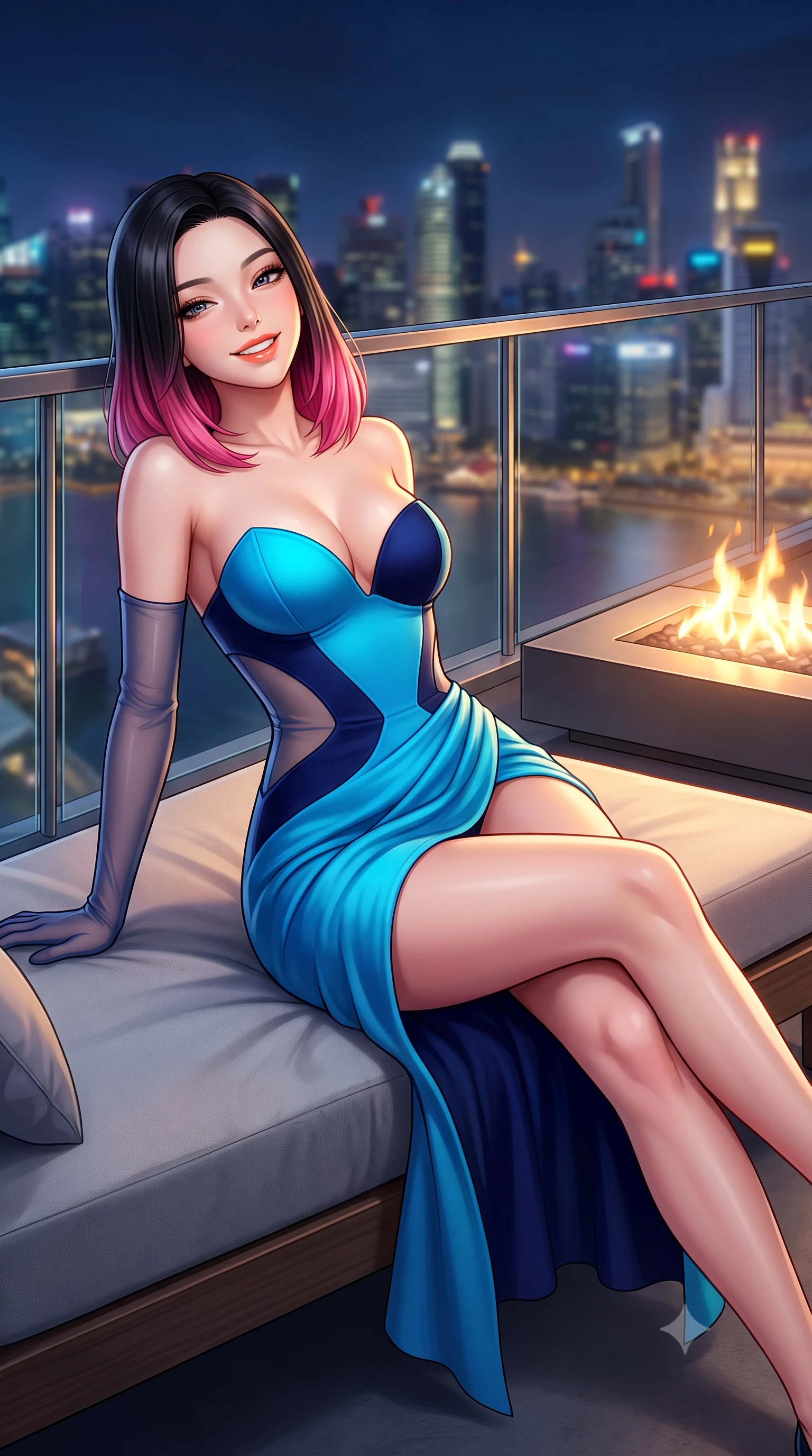 score_9, masterpiece, best quality, ultra-detailed, high-budget anime keyframe, semi-realistic 3D game render, editorial fashion photography, tasteful artistic composition, Korean woman. close-up cowboy shot from the waist and thighs up, the character dominates the composition, filling the frame with her large presence. leaning back against the balustrade with relaxed seductive grace, head tilted back slightly while casting a hypnotic, heavy-lidded gaze while lounging in the modern low-profile daybed propped on one elbow with legs extended, displaying her long slender limbs and statuesque hourglass silhouette. The background shows a soft-focus minimalist fire table flames softened in contemporary penthouse aerie shallow focus. She has an exceptionally elegant, slender, and willowy female figure with an ultra-slim waist, flat toned midriff, narrow ribcage, and sculpted feminine hips creating an alluring, slim hourglass silhouette without bulk. sharp v-shaped jawline, high-bridge nose, intricate jewel-like sparkling eyes with depth, thick eyelashes, glossy parted lips with a natural peach sheen, bright cheerful beaming smile with an enchanting and coquettish sensual glint, exuding both youthful cute charm and seductive allure, flawlessly proportioned anatomical accuracy, strict slender model proportions, natural body alignment, perfectly sculpted long slender limbs, ultra-slim waistline, clean dynamic posture without body distortion. wearing an alluring plunging sweetheart bustier dress with sheer mesh side-waist cutouts contouring her ribs in Singapore Marina Bay electric cyan and midnight sapphire, crafted from bespoke double-faced cashmere with an exceptionally soft tactile finish, complemented by sheer opera-length evening gloves tracing her slender arms, the high-slit wrap tailoring accentuating her ultra-slim waistline and the enchanting curve of her feminine hips with alluring seductive charm. bathed in the contrast of warm 2200K fire table hearth glow and cool midnight sky fill with golden cathedral floodlights. highly saturated vibrant anime colors, detailed shading with soft gradients, rich glossy textures, high-contrast stereoscopic depth, volumetric dynamic lighting, master piece, 9:16 ratio