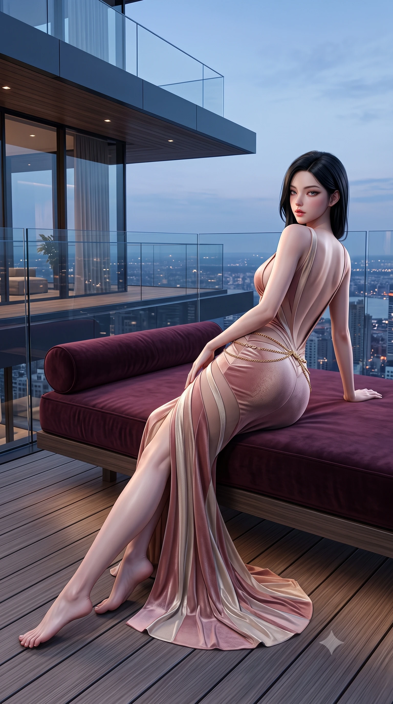 score_9, masterpiece, best quality, ultra-detailed, high-budget anime keyframe, semi-realistic 3D game render, editorial fashion photography, tasteful artistic composition, Korean woman. low angle full-body shot from head to toe showing her feet, filling the entire 9:16 vertical frame with her statuesque presence, stretching her vertical silhouette. posing with back turned slightly to the lens, glancing back with smoldering allure as she arches her lower back to emphasize her sculpted feminine hips and slender waist while reclining on her side across a floating velvet infinity daybed, one leg extended and torso propped on one elbow to accentuate the sweeping line of her curvy hips. The surrounding environment is rendered in vivid detail and crisp panoramic clarity. crystal-clear penthouse glass railings, modern teak wood decking, and sharp architectural angles in deep focus. She has an absolutely perfect, statuesque 8.5-heads proportion, an exceptionally tall and slender model-like female figure with impossibly long slender legs, a toned flat midriff, an ultra-slim waist, and beautifully sculpted feminine hips. sharp v-shaped jawline, high-bridge nose, intricate jewel-like eyes with depth, thick eyelashes, glossy parted lips with a natural sheen, intensely captivating and seductive bedroom-eyes expression, flawlessly proportioned anatomical accuracy, strict slender model proportions, natural body alignment, perfectly sculpted long slender limbs, ultra-slim waistline, clean dynamic posture without body distortion. wearing a liquid silk jersey evening gown with an ultra-deep plunging open back descending to the base of her spine and a sculpted hip-hugging skirt in dusky blush rose and champagne shimmer, made of sheer contouring mesh with velvet flocking patterns, complemented by a delicate gold hip chain catching the ambient city reflections, the second-skin form-contouring cut accentuating her sculpted flat midriff, narrow waistline, and dramatically curvy hips without adding bulk. illuminated by crisp directional edge lights sharply sculpting her slender waist and curvy feminine hips. highly saturated vibrant anime colors, detailed shading with soft gradients, rich glossy textures, high-contrast stereoscopic depth, volumetric dynamic lighting, master piece, 9:16 ratio