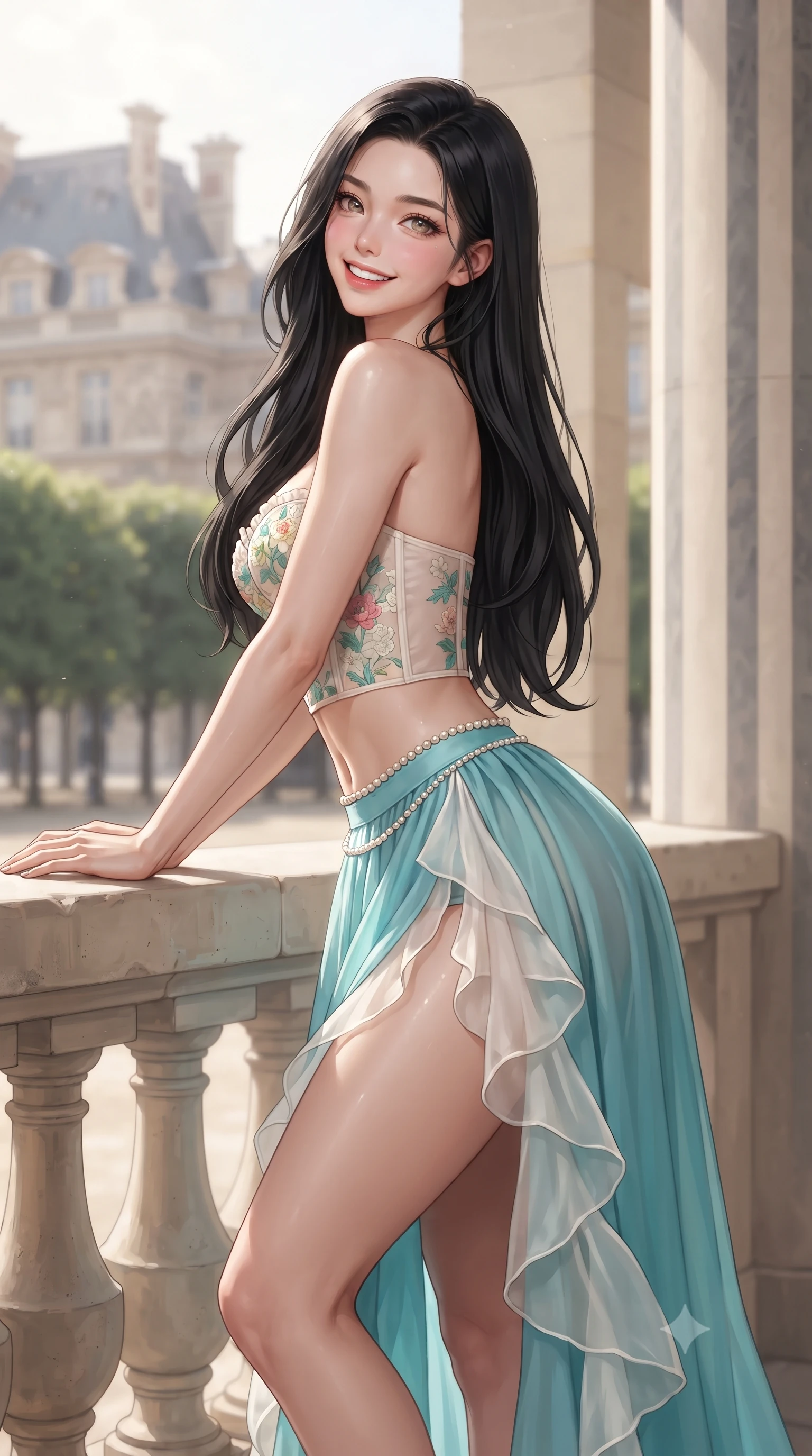 score_9, masterpiece, best quality, ultra-detailed, high-budget anime keyframe, editorial fashion photography, tasteful artistic composition, Korean woman. close-up cowboy shot from the waist and thighs up, the character dominates the composition, filling the frame with her large presence. leaning back against the sunlit railing with relaxed seductive grace, her flat midriff and narrow waist highlighted as she smiles brightly with bewitching eyes while leaning against a taller striped column with hips cocked back, looking over a bare shoulder with an audacious, haute-couture bedroom-gaze. The composition keeps background elements in soft focus with dreamy creamy bokeh. monumental 17th-century palace facades and manicured linden tree arcades blurred into café-au-lait, ivory, and soft green bokeh. She has an exceptionally elegant, slender, and willowy female figure with an ultra-slim waist, flat toned midriff, narrow ribcage, and sculpted feminine hips creating an alluring, slim hourglass silhouette without bulk. sharp v-shaped jawline, high-bridge nose, intricate jewel-like sparkling eyes with depth, thick eyelashes, glossy parted lips with a natural peach sheen, bright cheerful beaming smile with an enchanting and coquettish sensual glint, exuding both youthful cute charm and seductive allure, flawlessly proportioned anatomical accuracy, strict slender model proportions, natural body alignment, perfectly sculpted long slender limbs, ultra-slim waistline, clean dynamic posture without body distortion. wearing a delicate floral embroidery bustier top paired with a flowy high-slit chiffon maxi skirt with a side hip opening in ocean turquoise and sea-salt white, woven from layered gossamer organza with weightless flutter, accented with a dainty pearl waist chain catching the ambient sunlight, the form-contouring cut accentuating her sculpted flat midriff, narrow delicate ribcage, and gracefully curvy hips with supermodel precision. bathed in soft, elegant afternoon Parisian sunlight filtering through manicured tree alleys. ultra-reflective glossy finish, specular highlights, rich textural contrasts, high-contrast stereoscopic depth, volumetric dynamic lighting, 2k, ultra detail, master piece, 9:16 ratio