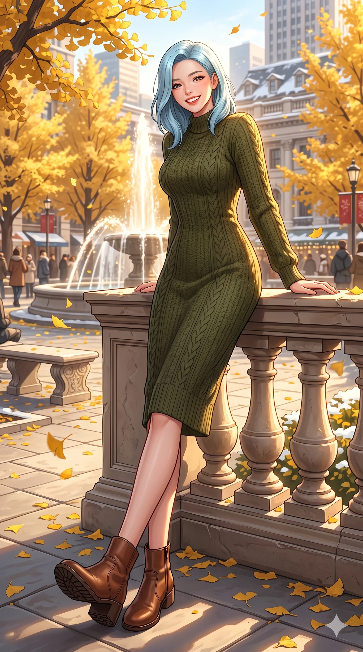 score_9, masterpiece, best quality, ultra-detailed, high-budget anime keyframe, vibrant anime aesthetic, Korean woman. low angle full-body shot from head to toe showing her feet, filling the entire 9:16 vertical frame with her statuesque presence, stretching her vertical silhouette. She is leaning on a terrace rail, looking at the viewer with a bright, joyful smile in winter by a city fountain plaza surrounded by golden gingko trees and sun (Code-P21-033). She has an absolutely perfect 8-heads proportion, an exceptionally tall and slender female figure with impossibly long slender legs and an ultra-slim waist. V-shaped jawline, high-bridge nose, intricate jewel-like eyes with depth, thick eyelashes, glossy lips with a natural sheen. wearing a winter knit midi dress with long sleeves and ankle boots. She is warm golden afternoon sunbeams reflecting off the fountain, dancing on her face. 2k, ultra detail, master piece, 9:16 ratio