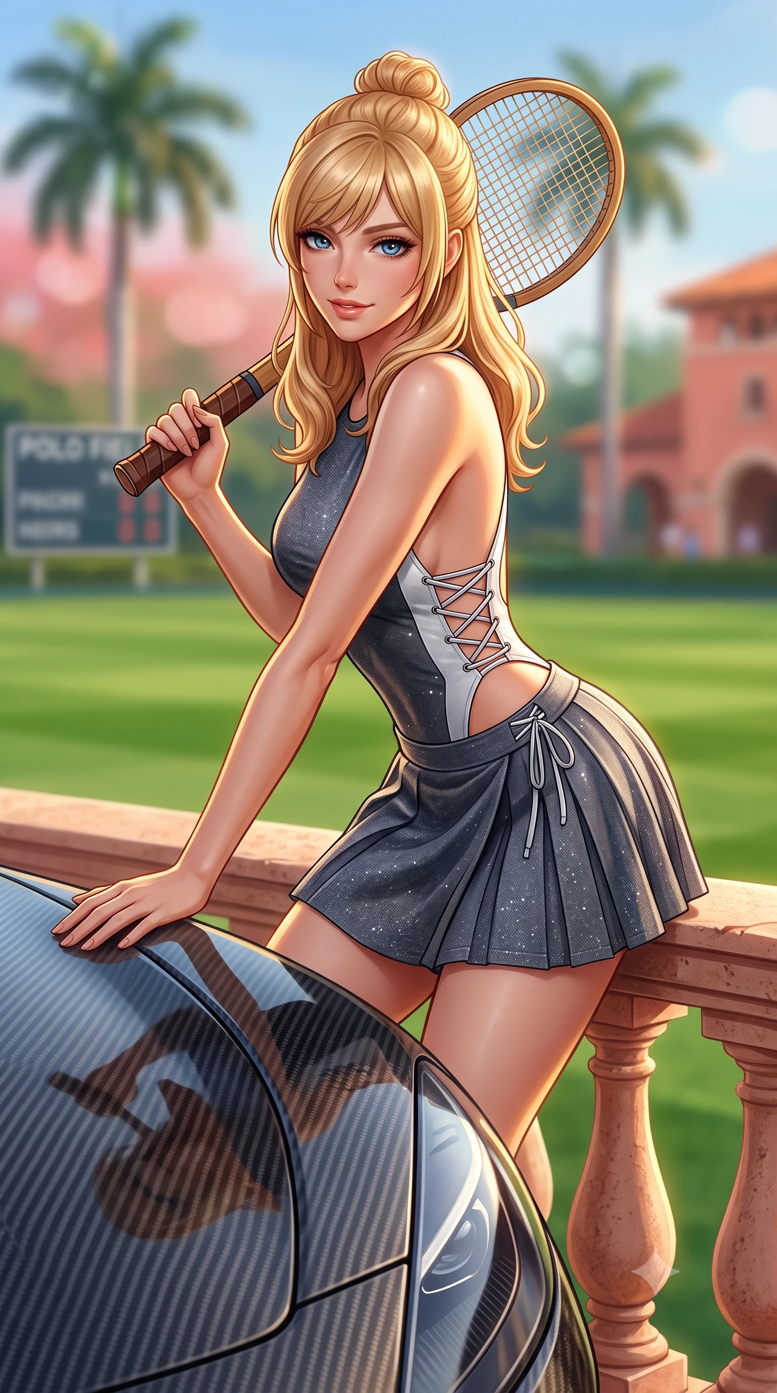 score_9, masterpiece, best quality, ultra-detailed, high-budget anime keyframe, semi-realistic 3D game render, editorial fashion photography, tasteful artistic composition, Caucasian woman. close-up cowboy shot from the waist and thighs up, the character dominates the composition, filling the frame with her large presence. leaning forward over the carbon car hood while arching her lower back to accentuate her curvy hips, looking into the camera with a confident smoldering smile and bedroom-eyes while sitting perched on the coral stone balustrade of the polo pavilion, arching her back with a radiant sun-kissed smile overlooking green polo fields. The background shows a soft-focus soaring Royal Palms, polo field scoreboards, and Mediterranean revival terracotta clubhouses blurred into coral pink, emerald, and sky-blue bokeh. She has an exceptionally elegant, slender, and willowy female figure with an ultra-slim waist, flat toned midriff, narrow ribcage, and sculpted feminine hips creating an alluring, slim hourglass silhouette without bulk. sharp v-shaped jawline, high-bridge nose, sparkling eyes with athletic focus and depth, thick curled eyelashes, glossy parted lips with a natural coral-peach sheen, bright confident and coquettish smile with alluring bedroom-eyes, exuding both youthful sporty vigor and sovereign high-society glamour, flawlessly proportioned anatomical accuracy, strict slender model proportions, natural body alignment, perfectly sculpted long slender limbs, ultra-slim waistline, clean dynamic posture without body distortion. wearing a backless lace-up racing leotard with side hip cutouts and a pleated wrap skirt framing her hourglass curves in speedway charcoal slate and optic white accents, woven from metallic lurex and technical nylon with subtle starlight glints, featuring a vintage wooden tennis racket held casually over one shoulder, the form-fitting tailored bodice adhering flawlessly to her sculpted flat midriff and slender torso, emphasizing her long leg lines and perfectly proportioned willowy build. illuminated by green lawn bounce fill and sharp warm-gold rim lights defining her sculpted collarbones, ultra-slim waist, and curvy hips. highly saturated vibrant anime colors, detailed shading with soft gradients, rich glossy textures, high-contrast stereoscopic depth, volumetric dynamic lighting, master piece, 9:16 ratio