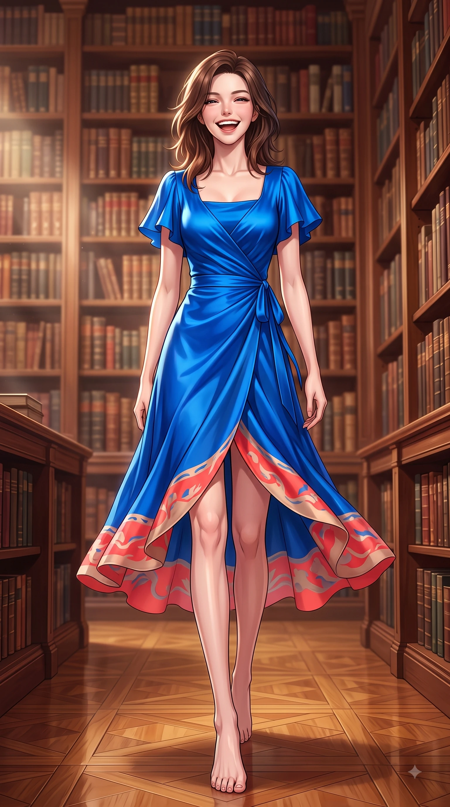 score_9, masterpiece, best quality, ultra-detailed, high-budget anime keyframe, editorial fashion photography, tasteful artistic composition, Korean woman. low angle full-body shot from head to toe showing her feet, filling the entire 9:16 vertical frame with her statuesque presence, stretching her vertical silhouette. Beaming joyful energy with a infectious laughter that brightens the entire composition while walking down a polished parquet aisle flanked by tall bookcase stacks. The composition keeps background elements in soft focus with dreamy bokeh. thousands of vintage leather book spines blurred into a rich mahogany and amber bokeh. She has an absolutely perfect, statuesque 8.5-heads proportion, an exceptionally tall and slender model-like female figure with impossibly long slender legs and an ultra-slim waist. sharp v-shaped jawline, high-bridge nose, intricate jewel-like eyes with depth, thick eyelashes, glossy lips with a natural sheen, flawlessly proportioned anatomical accuracy, natural body alignment, perfectly sculpted elegant limbs, clean dynamic posture without body distortion. wearing an electric cobalt blue silk wrap dress with a graceful flowing hem in vibrant coral red and soft beige, crafted from smooth liquid silk satin, featuring elegant flutter sleeves and a graceful square neckline, the sleek second-skin fit accentuating her magnetic presence. surrounded by an intelligent, noble, and classic editorial atmosphere. highly saturated vibrant anime colors, detailed shading with soft gradients, rich glossy textures, high-contrast stereoscopic depth, volumetric dynamic lighting, master piece, 9:16 ratio