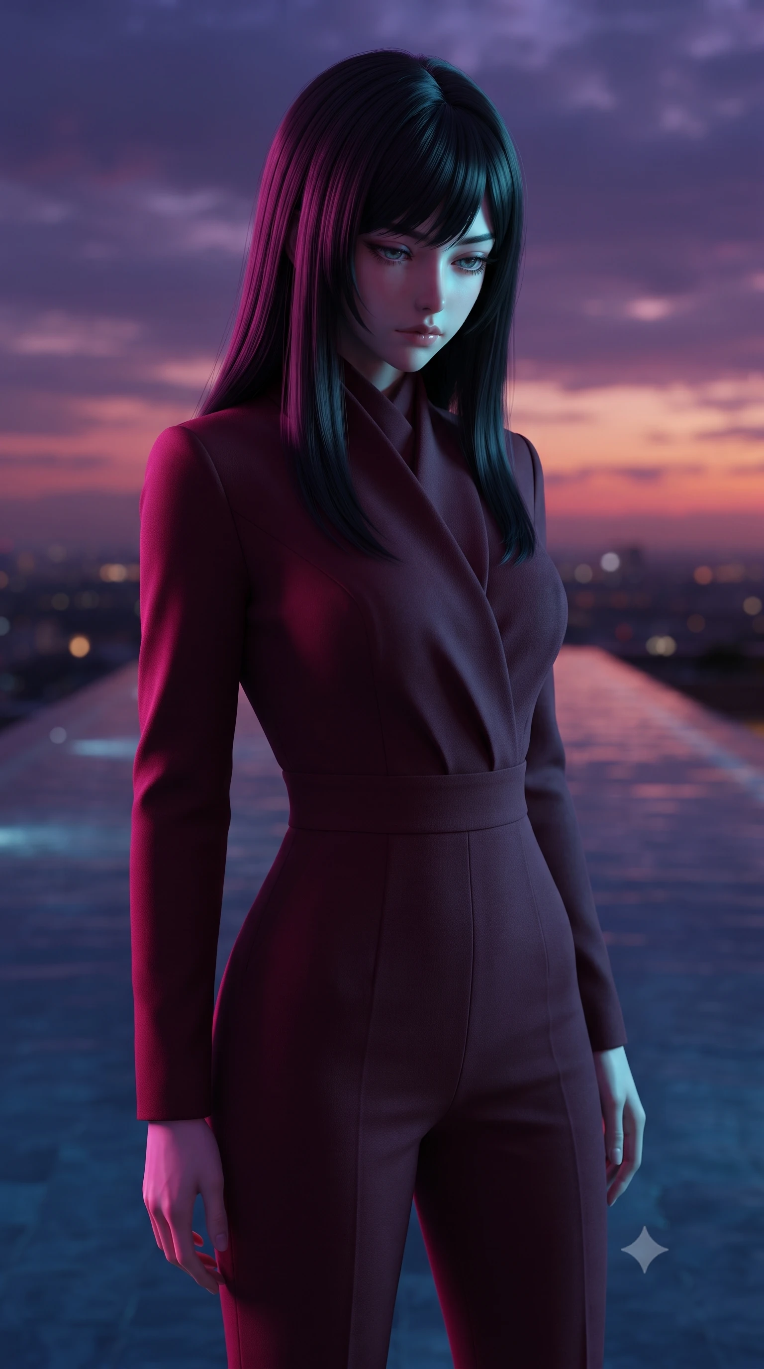 score_9, masterpiece, best quality, ultra-detailed, high-budget anime keyframe, editorial fashion photography, tasteful artistic composition, Caucasian woman, strictly human ears. close-up cowboy shot from the waist and thighs up, the character dominates the composition, filling the frame with her large presence, background elements kept in soft focus. Looking down with lowered lashes and a composed powerful expression. set against a soft-focus background of standing at the vanishing edge of a rooftop infinity pool at twilight where the still water surface blends seamlessly into the sunset horizon creating the illusion of swimming into the sky. She has an exceptionally elegant and slender, willowy female figure with an ultra-slim waist, a gracefully sculpted slender torso, and a refined slim physique. sharp v-shaped jawline, high-bridge nose, intricate jewel-like eyes with depth, thick eyelashes, glossy lips with a natural sheen. wearing a precision-tailored jumpsuit in deep burgundy with a high wrap-front neck, highlighting her slim waist and long legs. dual-tone lighting with hot magenta from the left and cool cyan from the right. 2k, ultra detail, master piece, 9:16 ratio