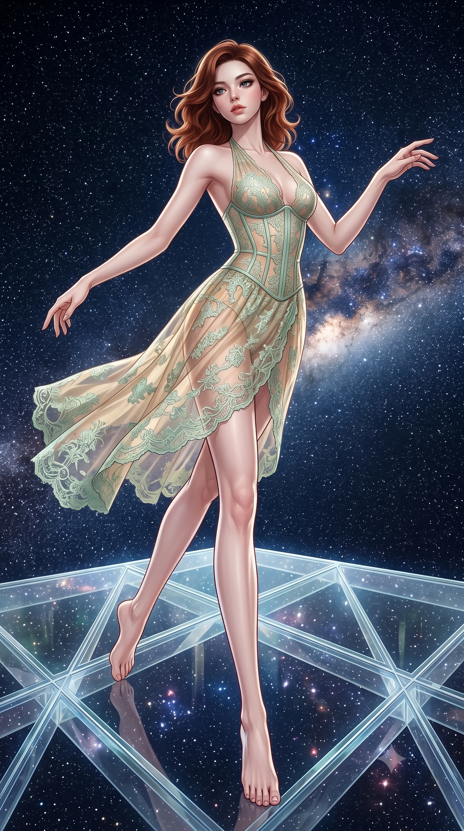 score_9, masterpiece, best quality, ultra-detailed, high-budget anime keyframe, editorial fashion photography, tasteful artistic composition, Korean woman. low angle full-body shot from head to toe showing her feet, filling the entire 9:16 vertical frame with her statuesque presence, stretching her vertical silhouette. leaping gracefully through a transparent crystalline dance floor floating in open space with nothing but stars visible in every direction below through the glass and around the edges of the impossibly suspended platform. She has a statuesque 8.5-heads proportion, an exceptionally tall, slender and willowy model-like build with impossibly long legs and a highly sculpted ultra-slim waist. sharp v-shaped jawline, high-bridge nose, intricate jewel-like eyes with depth, thick eyelashes, glossy lips with a natural sheen. wearing a semi-transparent halter dress in champagne gold, featuring a mint green lace overlay and a visible structured corset. pure unfiltered starlight from every direction creating shadowless illumination with the concentrated light of the Milky Way band providing a subtle bright strip across the scene. 2k, ultra detail, master piece, 9:16 ratio