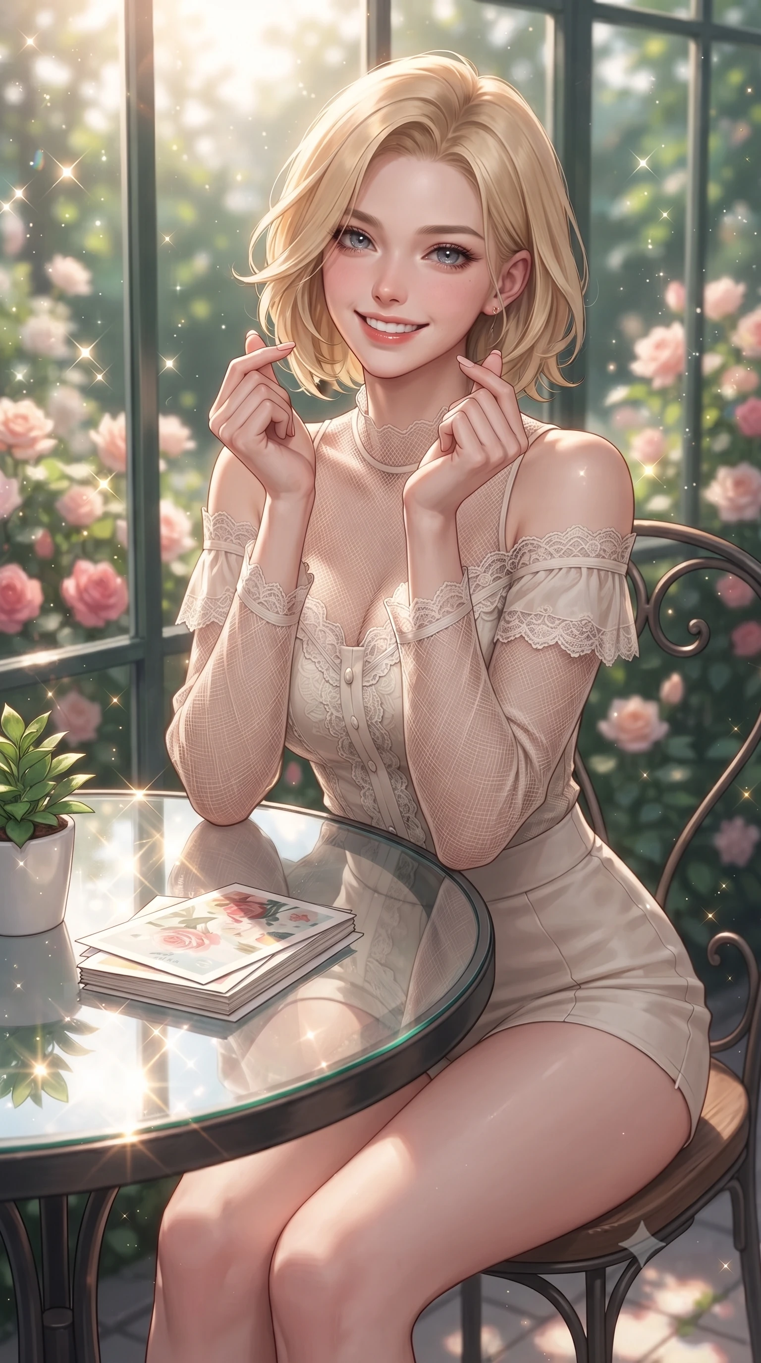 score_9, masterpiece, best quality, ultra-detailed, high-budget anime keyframe, editorial fashion photography, tasteful artistic composition, Caucasian woman. close-up cowboy shot from the waist and thighs up, the character dominates the composition, filling the frame with her large presence, background elements kept in soft focus. flashing a bright, sunny grin, holding her fingers in a cute small heart shape set against a soft-focus background of in a quiet corner table of a glass-walled garden cafe surrounded by roses with a small green plant and a stack of cute design postcards on the table. She has an exceptionally elegant, slender, and willowy female figure with an ultra-slim waist, a gracefully sculpted slender torso, and a refined silhouette. sharp v-shaped jawline, high-bridge nose, intricate jewel-like eyes with depth, thick eyelashes, glossy lips with a natural sheen. wearing tailored delicate lace-trim off-shoulder blouse paired with a sheer mesh overlay and form-contouring mini shorts. bright daylight reflecting off the glass table and creating sparkling glints. ultra-reflective glossy finish, specular highlights, metallic sheen, high-contrast stereoscopic depth, volumetric dynamic lighting, 2k, ultra detail, master piece, 9:16 ratio
