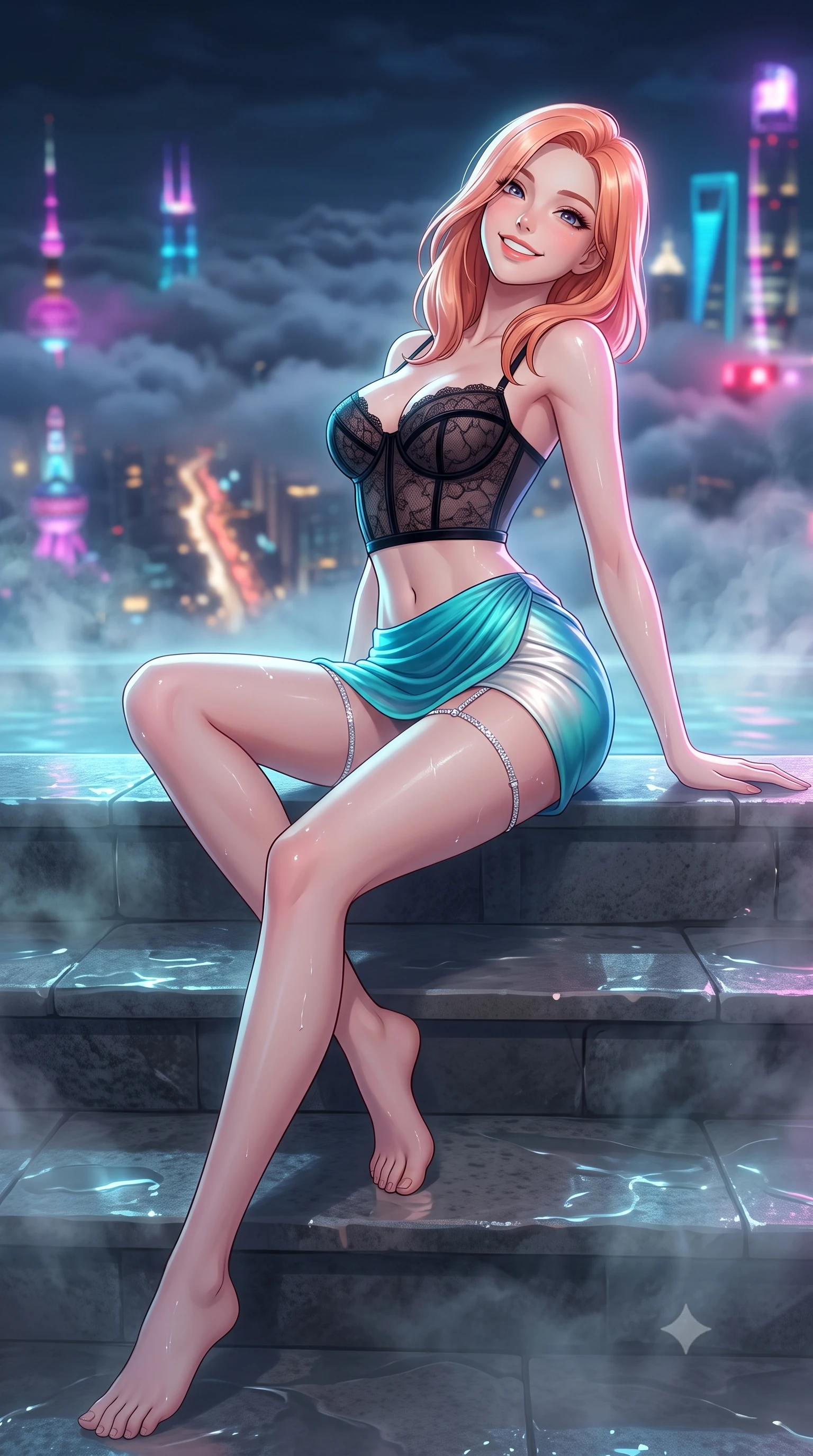 score_9, masterpiece, best quality, ultra-detailed, high-budget anime keyframe, semi-realistic 3D game render, editorial fashion photography, tasteful artistic composition, Japanese woman. low angle full-body shot from head to toe showing her feet, filling the entire 9:16 vertical frame with her statuesque presence, stretching her vertical silhouette. sitting poised on the stone steps with one knee bent, arching her spine with supermodel elegance as she glances upward through thick eyelashes while twisting her slender torso in an alluring contrapposto stance, shimmering neon reflections and thermal bath vapor caressing her flat midriff and hips. The background shows a soft-focus dizzying grid of illuminated Shanghai avenues far below piercing through swirling nocturnal cloud layers, neon tower spires blurred into magenta, cyan, and gold bokeh. She has an exceptionally tall and slender model-like 8.5-heads proportion, an ultra-slim waist, a flat toned midriff, narrow delicate ribcage, and beautifully sculpted feminine hips creating a graceful, slim hourglass silhouette without any bulky heaviness, with impossibly long slender legs. sharp v-shaped jawline, high-bridge nose, intricate jewel-like sparkling eyes with depth, thick eyelashes, glossy parted lips with a natural peach sheen, bright cheerful beaming smile with an enchanting and coquettish sensual glint, exuding both youthful cute charm and seductive allure, flawlessly proportioned anatomical accuracy, strict slender model proportions, natural body alignment, perfectly sculpted long slender limbs, ultra-slim waistline, clean dynamic posture without body distortion. wearing a sculpted underwire bustier in sheer noir lace with velvet piping paired with an ultra-short draped tulip skirt in Mediterranean bioluminescent teal and radiant pearl, made of fluid liquid jersey with seamless sculpting hold and smooth contours, finished with delicate crystal-encrusted thigh garter straps glinting in the dim light, the second-skin tailored fabric adhering flawlessly to her sculpted flat midriff and slender torso, emphasizing her long leg lines and perfectly proportioned willowy build. illuminated by tub water caustics bounce and sharp platinum-cyan rim lights sculpting her jawline, narrow waist, and curvy hips. highly saturated vibrant anime colors, detailed shading with soft gradients, rich glossy textures, high-contrast stereoscopic depth, volumetric dynamic lighting, master piece, 9:16 ratio