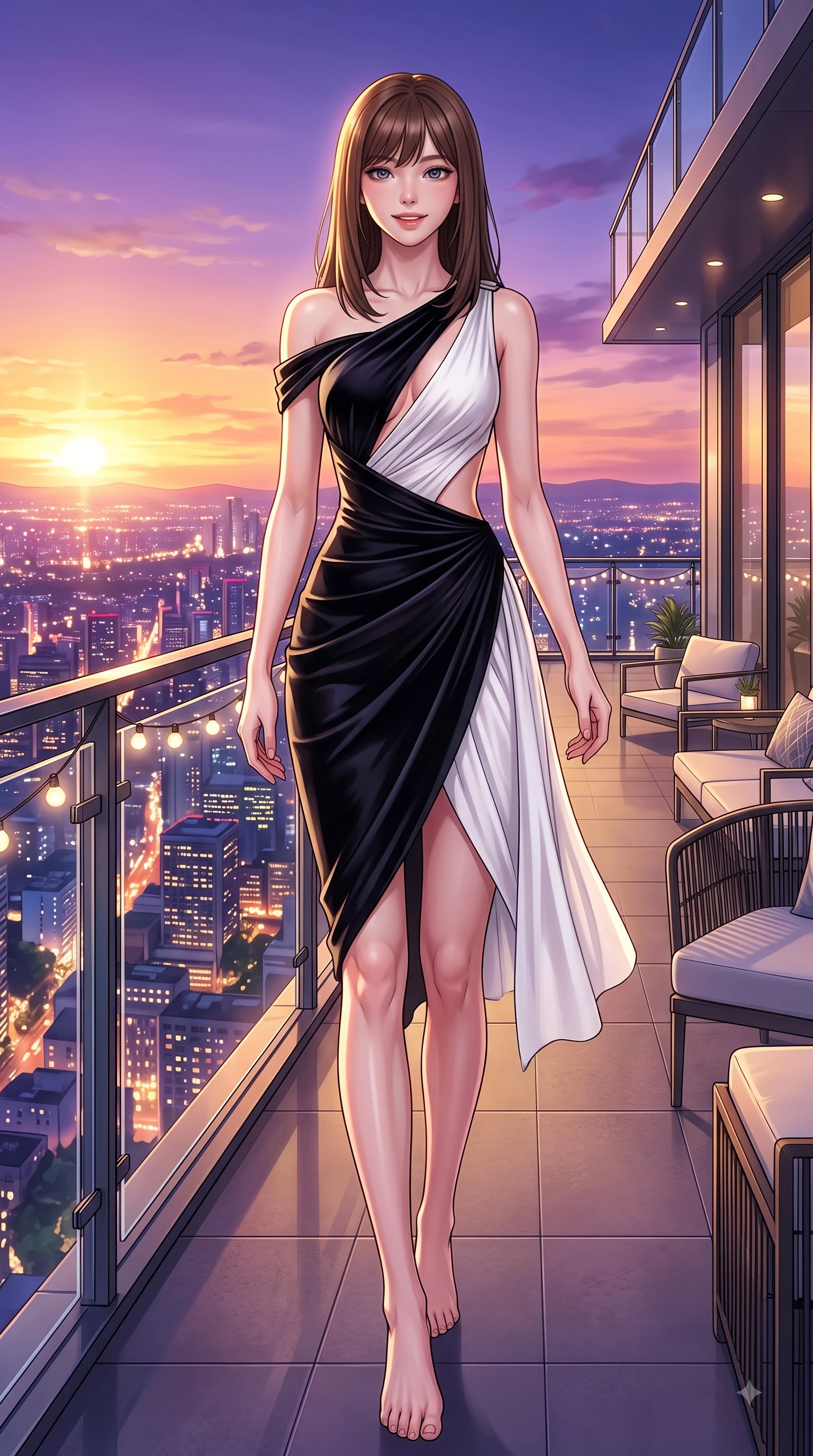 score_9, masterpiece, best quality, ultra-detailed, high-budget anime keyframe, editorial fashion photography, tasteful artistic composition, Korean woman. low angle full-body shot from head to toe showing her feet, filling the entire 9:16 vertical frame with her statuesque presence, stretching her vertical silhouette. stepping forward gracefully in mid-motion with a delighted cute expression, displaying her statuesque model proportions while stepping gracefully onto an open-air rooftop terrace as sunset city lights twinkle below. The surrounding environment is rendered in vivid detail and crisp panoramic clarity. vibrant city lights and stylish terrace lounge decor captured with environmental precision. She has an absolutely perfect, statuesque 8.5-heads proportion, an exceptionally tall and slender model-like female figure with impossibly long slender legs and an ultra-slim waist. sharp v-shaped jawline, high-bridge nose, intricate jewel-like eyes with depth, thick eyelashes, glossy lips with a natural sheen, flawlessly proportioned anatomical accuracy, natural body alignment, perfectly sculpted elegant limbs, clean dynamic posture without body distortion. wearing an asymmetrical draped chiffon midi dress with a sleek shoulder accent in sleek jet black and pure white contrast, made of lustrous stretch velvet, complemented by clean architectural cutouts along her slender torso, the elegant draped fit framing her graceful clavicle and slender torso. bathed in dramatic golden hour sunset glow and vibrant urban night lights. highly saturated vibrant anime colors, detailed shading with soft gradients, rich glossy textures, high-contrast stereoscopic depth, volumetric dynamic lighting, master piece, 9:16 ratio