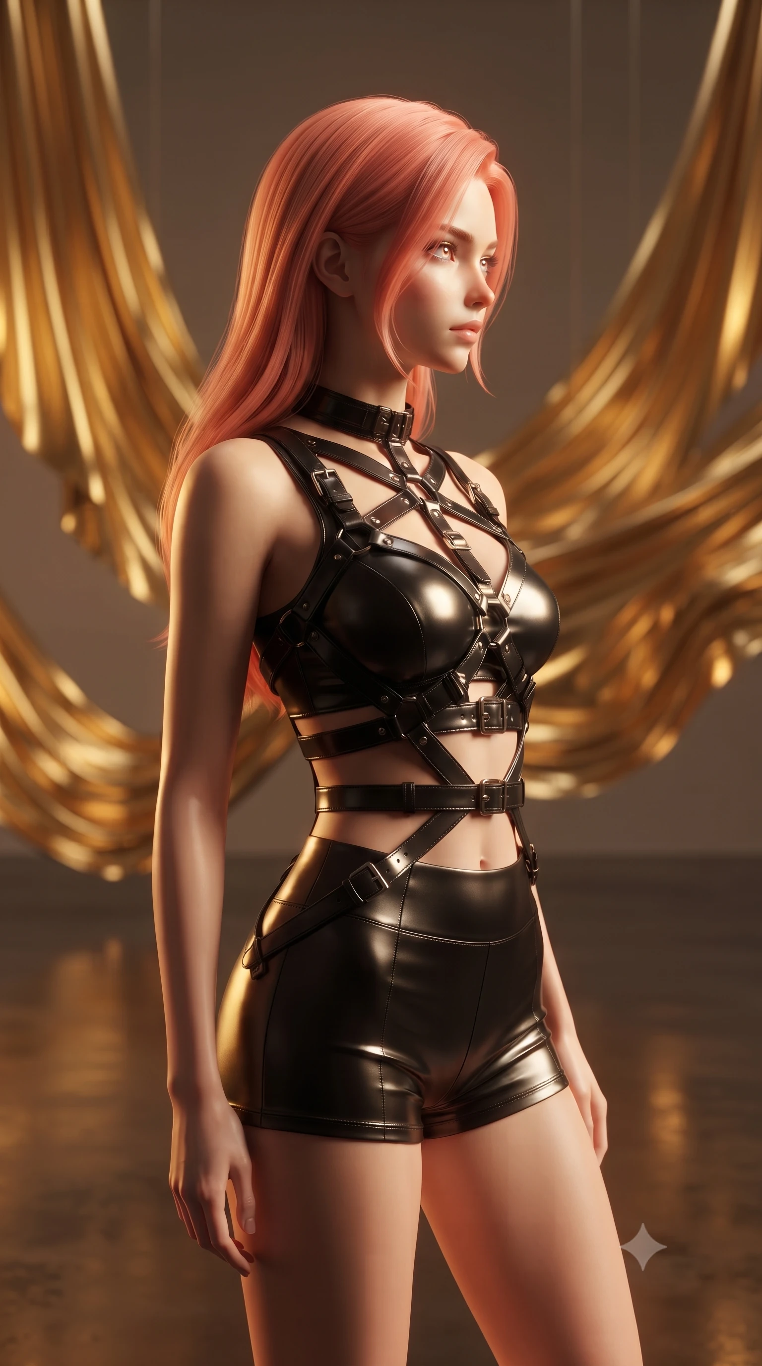 score_9, masterpiece, best quality, ultra-detailed, high-budget anime keyframe, editorial fashion photography, tasteful artistic composition, Japanese woman woman. close-up cowboy shot from the waist and thighs up, the character dominates the composition, filling the frame with her large presence, background elements kept in soft focus. She has an exceptionally elegant, slender, and willowy female figure with an ultra-slim waist, a gracefully sculpted slender torso, and a refined silhouette. turning her head in a sharp dramatic profile against the key light, her eyes glowing with calm focus, flawlessly proportioned anatomical accuracy, natural body alignment, perfectly sculpted elegant limbs, clean dynamic posture without body distortion. set against a soft-focus background of an avant-garde art studio with suspended liquid gold drapes. wearing a black structured leather harness over a fitted second-skin micro-shorts set. bathed in warm amber spotlighting creating metallic specular highlights on her form. ultra-reflective glossy finish, specular highlights, metallic sheen, high-contrast stereoscopic depth, volumetric dynamic lighting, 2k, ultra detail, master piece, 9:16 ratio