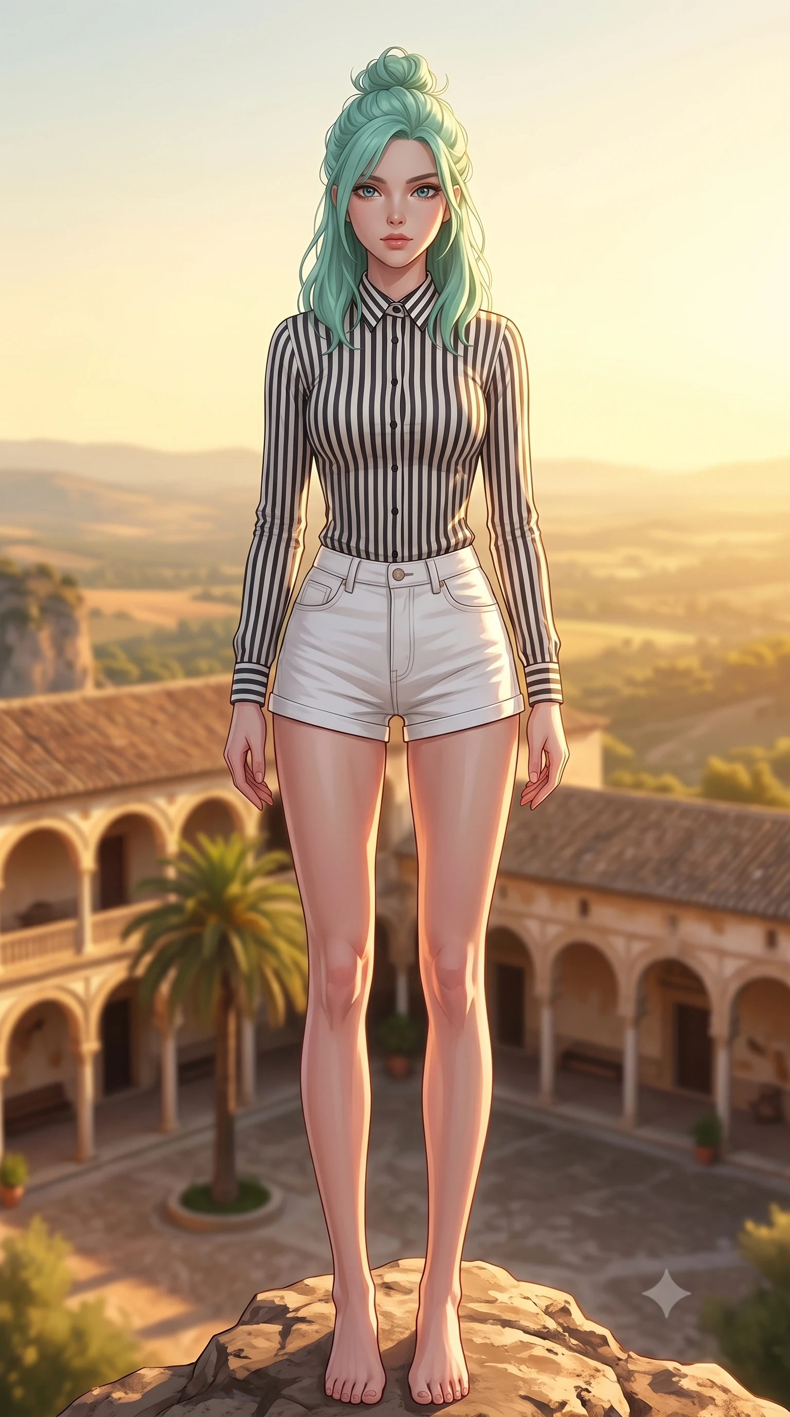 score_9, masterpiece, best quality, ultra-detailed, high-budget anime keyframe, editorial fashion photography, tasteful artistic composition, Japanese woman woman. low angle full-body shot from head to toe showing her feet, filling the entire 9:16 vertical frame with her statuesque presence, stretching her vertical silhouette. standing proud on a scenic cliff overlooking the valley, her silhouette framed by the golden sky the background shows a soft-focus a courtyard of an old Spanish hacienda with a large arched corridor and central palm tree. She has an absolutely perfect, statuesque 8.5-heads proportion, an exceptionally tall and slender model-like female figure with impossibly long slender legs and an ultra-slim waist. sharp v-shaped jawline, high-bridge nose, intricate jewel-like eyes with depth, thick eyelashes, glossy lips with a natural sheen. wearing a body-hugging tailored striped dress shirt with a neat collar and white denim shorts. warm afternoon sunbeams creating a peaceful, historical atmosphere. 2k, ultra detail, master piece, 9:16 ratio