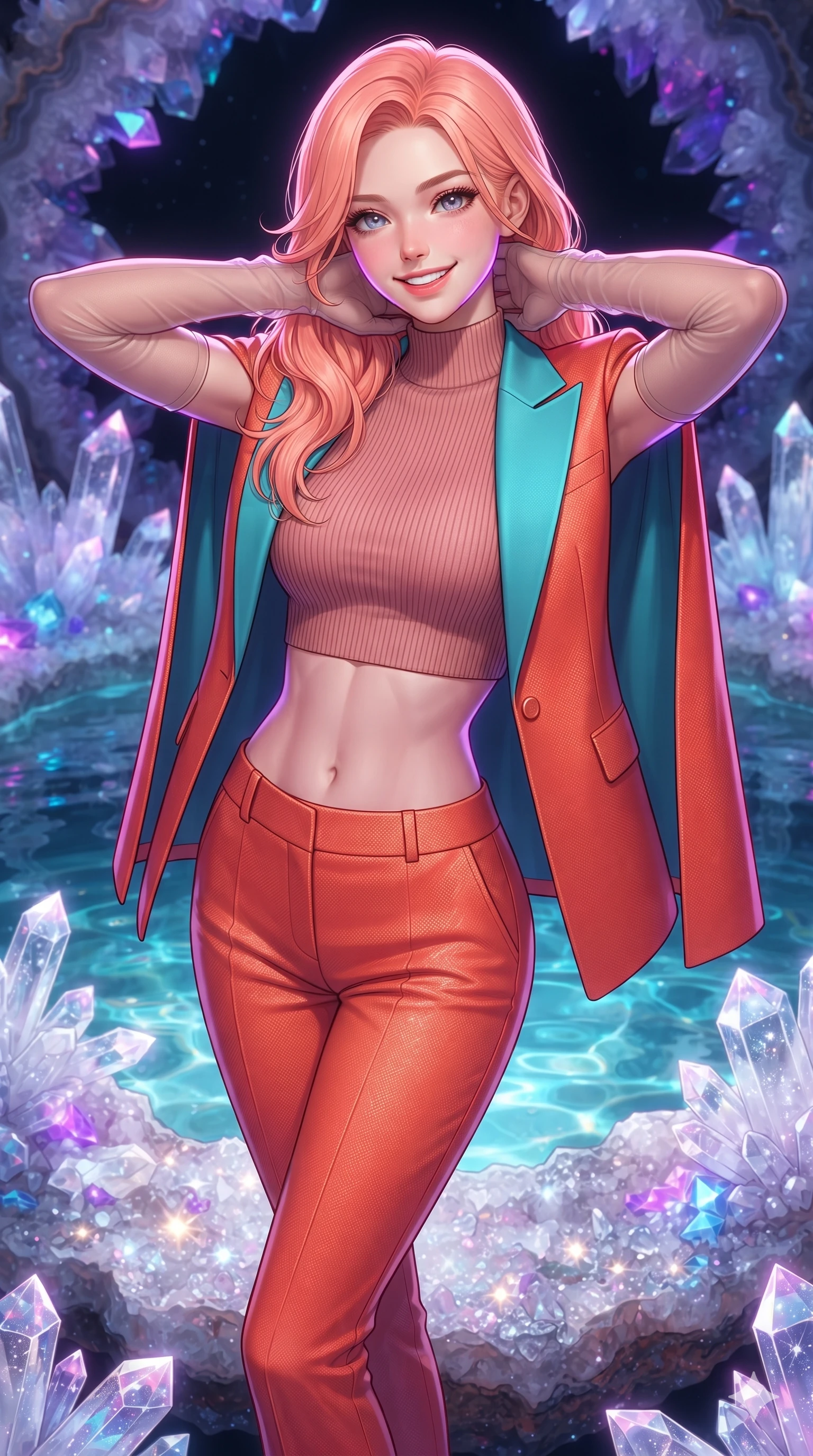 score_9, masterpiece, best quality, ultra-detailed, high-budget anime keyframe, semi-realistic 3D game render, editorial fashion photography, tasteful artistic composition, Japanese woman. close-up cowboy shot from the waist and thighs up, the character dominates the composition, filling the frame with her large presence. resting both hands lightly behind her neck with elbows raised, arching her spine to highlight her narrow waist, flat midriff, and breathtaking collarbones while standing poised on the sparkling quartz crystal ledge above the glowing geode pool, arching her back with breathtaking anime heroine charisma as neon ultraviolet crystal facets shimmer. The surrounding environment is rendered in vivid detail and crisp panoramic clarity: sharp geometric quartz crystal termination faces, sparkling geode crust textures, and clear water ripples in deep focus. She has an exceptionally elegant, slender, and willowy female figure with an ultra-slim waist, flat toned midriff, narrow ribcage, and sculpted feminine hips creating an alluring, slim hourglass silhouette without bulk. sharp v-shaped jawline, high-bridge nose, intricate jewel-like sparkling eyes with depth, thick eyelashes, glossy parted lips with a natural peach sheen, bright cheerful beaming smile with an enchanting and coquettish sensual glint, exuding both youthful cute charm and seductive allure, flawlessly proportioned anatomical accuracy, strict slender model proportions, natural body alignment, perfectly sculpted long slender limbs, ultra-slim waistline, clean dynamic posture without body distortion. wearing a tailored cyber-haute couture cape blazer layered over a high-neck ribbed knit top and tailored trousers in cyber-shinto vermilion and laser turquoise, woven from structured carbon-fiber jacquard with rich textural depth, complemented by sheer opera-length evening gloves tracing her slender arms, the impeccably tailored cut draping gracefully along her slender figure with aristocratic poise. illuminated by pool surface reflection bounce and sharp neon-violet rim lights sculpting her jawline, narrow waist, and curvy hips. highly saturated vibrant anime colors, detailed shading with soft gradients, rich glossy textures, high-contrast stereoscopic depth, volumetric dynamic lighting, master piece, 9:16 ratio