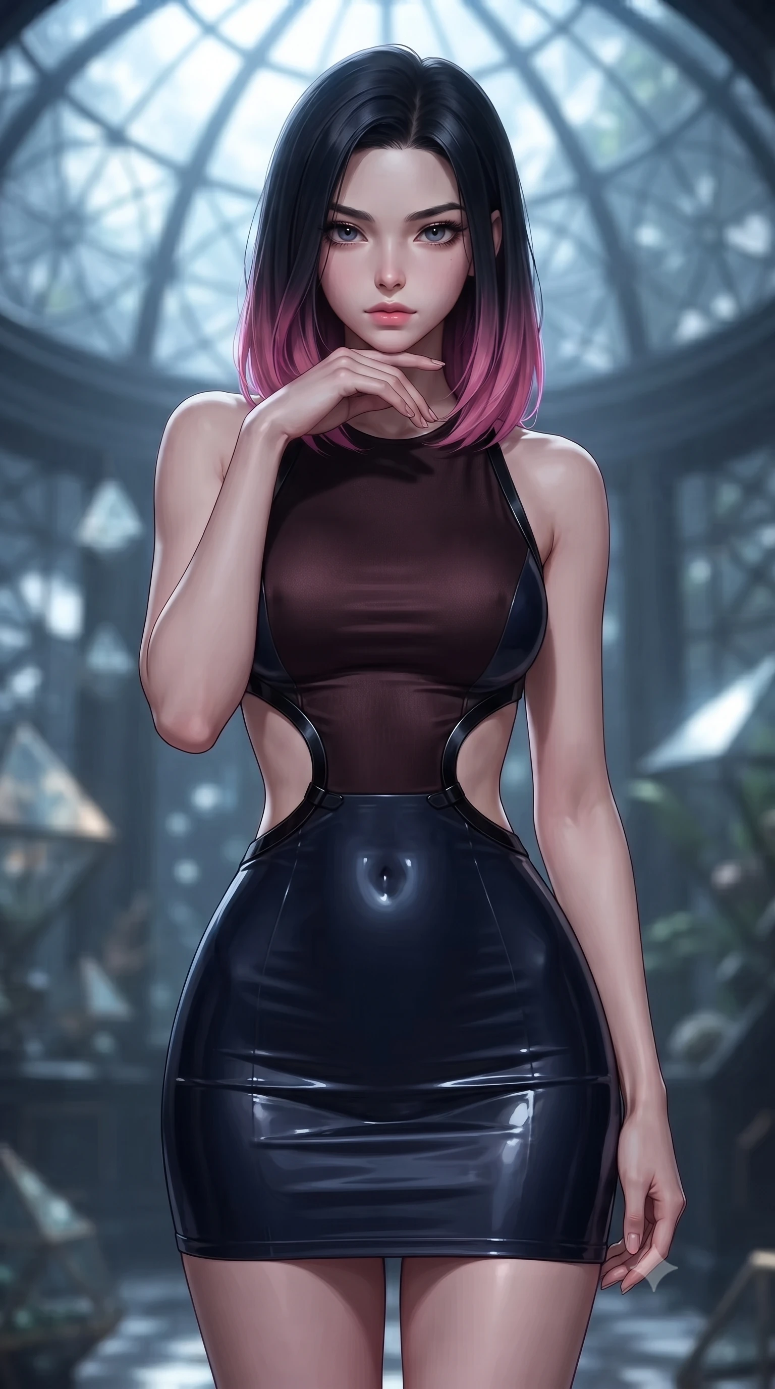 score_9, masterpiece, best quality, ultra-detailed, high-budget anime keyframe, editorial fashion photography, tasteful artistic composition, Korean woman. close-up cowboy shot from the waist and thighs up, the character dominates the composition, filling the frame with her large presence, background elements kept in soft focus. Resting her chin on the backs of her fingers with an air of effortless superiority, looking directly into the camera with a calm, magnetic self-assurance, dramatic open-waist cutout gown emphasizing her ultra-slim waist. She has an exceptionally elegant, slender, and willowy female figure with an ultra-slim waist, a gracefully sculpted slender torso, and a refined silhouette. sharp v-shaped jawline, high-bridge nose, intricate jewel-like eyes with depth, thick eyelashes, glossy lips with a natural sheen. wearing glove-like fit dark navy latex bodycon mini dress in dark mahogany, made of liquid dark mercury jersey, adorned with minimalist black onyx hardware framing the silhouette, highlighting her statuesque proportions and ultra-slim waistline. illuminated by brilliant cold silver moonlight filtering through glass dome panes. highly saturated vibrant anime colors, detailed shading with soft gradients, rich glossy textures, high-contrast stereoscopic depth, volumetric dynamic lighting, master piece, 9:16 ratio