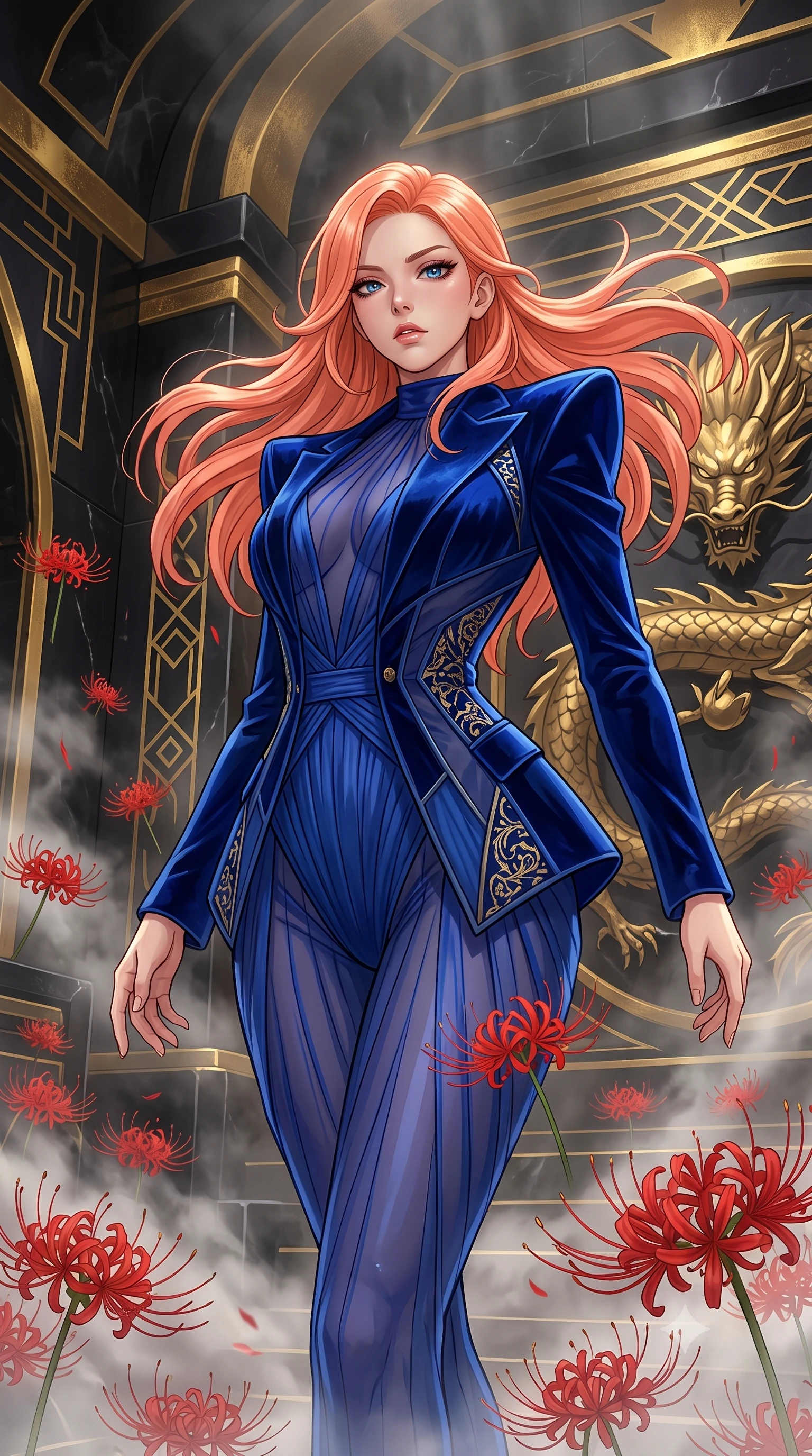 score_9, masterpiece, best quality, ultra-detailed, High-budget Anime Keyframe, East Asian woman. Low angle cowboy shot filling the entire 9:16 frame with her statuesque presence. Scenario 418: dancing amidst falling red spider lilies inside a steam-filled bathhouse built of black obsidian stone and gold accents. Her presence is magnetic and overpowering in this high-budget anime scene. Outfit 418: a body-hugging cobalt blue sheer organza bodysuit layered under a structured velvet blazer. The clothing is designed to emphasize her exceptionally tall and slender 8-heads proportion. 8-heads proportion, towering silhouette, ultra-slim waist. sharp v-shaped jawline, intricate jewel-like eyes with depth, thick eyelashes, glossy lips. 2k, ultra detail, master piece, 9:16 ratio