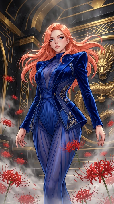 score_9, masterpiece, best quality, ultra-detailed, High-budget Anime Keyframe, East Asian woman. Low angle cowboy shot filling the entire 9:16 frame with her statuesque presence. Scenario 418: dancing amidst falling red spider lilies inside a steam-