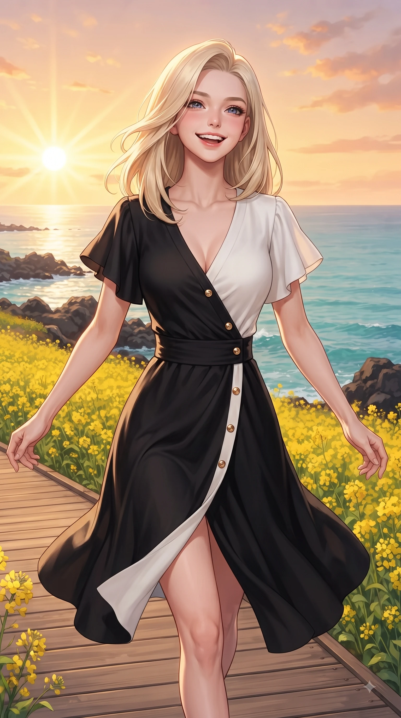 score_9, masterpiece, best quality, ultra-detailed, high-budget anime keyframe, editorial fashion photography, tasteful artistic composition, Caucasian woman. close-up cowboy shot from the waist and thighs up, the character dominates the composition, filling the frame with her large presence. Tilting her chin up with a sweet beaming smile of pure delight while balancing dynamically amidst the scene while walking cheerfully along a seaside wooden boardwalk overlooking a turquoise ocean. The surrounding environment is rendered in vivid detail and crisp panoramic clarity. blooming yellow canola flower fields, basalt sea rocks, and turquoise ocean water in deep focus. She has an exceptionally elegant, slender, and willowy female figure with an ultra-slim waist, a gracefully sculpted slender torso, and a refined silhouette. sharp v-shaped jawline, high-bridge nose, intricate jewel-like eyes with depth, thick eyelashes, glossy lips with a natural sheen, flawlessly proportioned anatomical accuracy, natural body alignment, perfectly sculpted elegant limbs, clean dynamic posture without body distortion. wearing an elegant V-neck silk wrap dress with fluttery short sleeves and a cinched waist in sleek jet black and pure white contrast, made of premium stretch jersey that follows her curves like a glove, adorned with delicate gold buttons along the front, the sleek second-skin texture accentuating her magnetic presence. illuminated by a glorious golden hour sunburst painting the sky in joyful amber and peach. ultra-reflective glossy finish, specular highlights, metallic sheen, high-contrast stereoscopic depth, volumetric dynamic lighting, 2k, ultra detail, master piece, 9:16 ratio