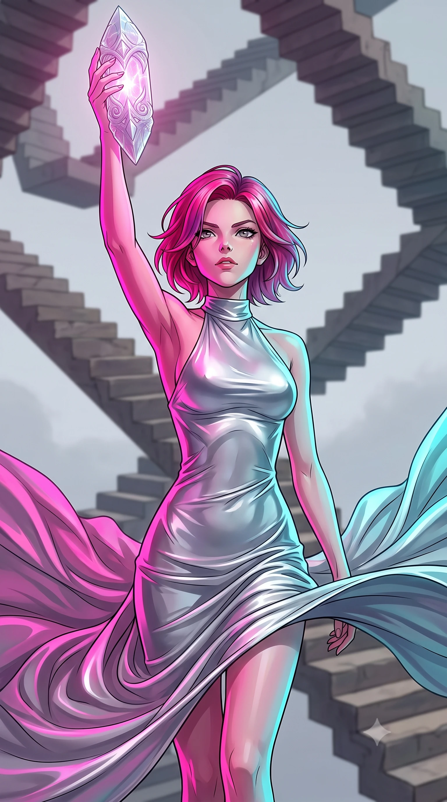 score_9, masterpiece, best quality, ultra-detailed, high-budget anime keyframe, clean line-art, cel-shading, Caucasian woman, strictly human ears. close-up cowboy shot from the waist and thighs up, the character dominates the composition, filling the frame with her large presence, background elements kept in soft focus. Holding a glowing relic aloft with a triumphant, commanding expression. set against a soft-focus background of a surreal dimension of stone staircases crossing at impossible angles, some upside down, suspended in a pale grey sky. She has an exceptionally elegant and slender, willowy female figure with an ultra-slim waist, a gracefully sculpted slender torso, and a refined slim physique. sharp v-shaped jawline, high-bridge nose, intricate jewel-like eyes with depth, thick eyelashes, glossy lips with a natural sheen. wearing the lightweight fabric rippling and billowing dramatically with her movement, a form-contouring liquid silver midi dress with a high halter neckline, draped elegantly to contour her slender physique. dual-tone lighting with hot magenta from the left and cool cyan from the right. highly saturated vibrant anime colors, intense vivid color palette, volumetric dynamic lighting, 2k, ultra detail, master piece, 9:16 ratio