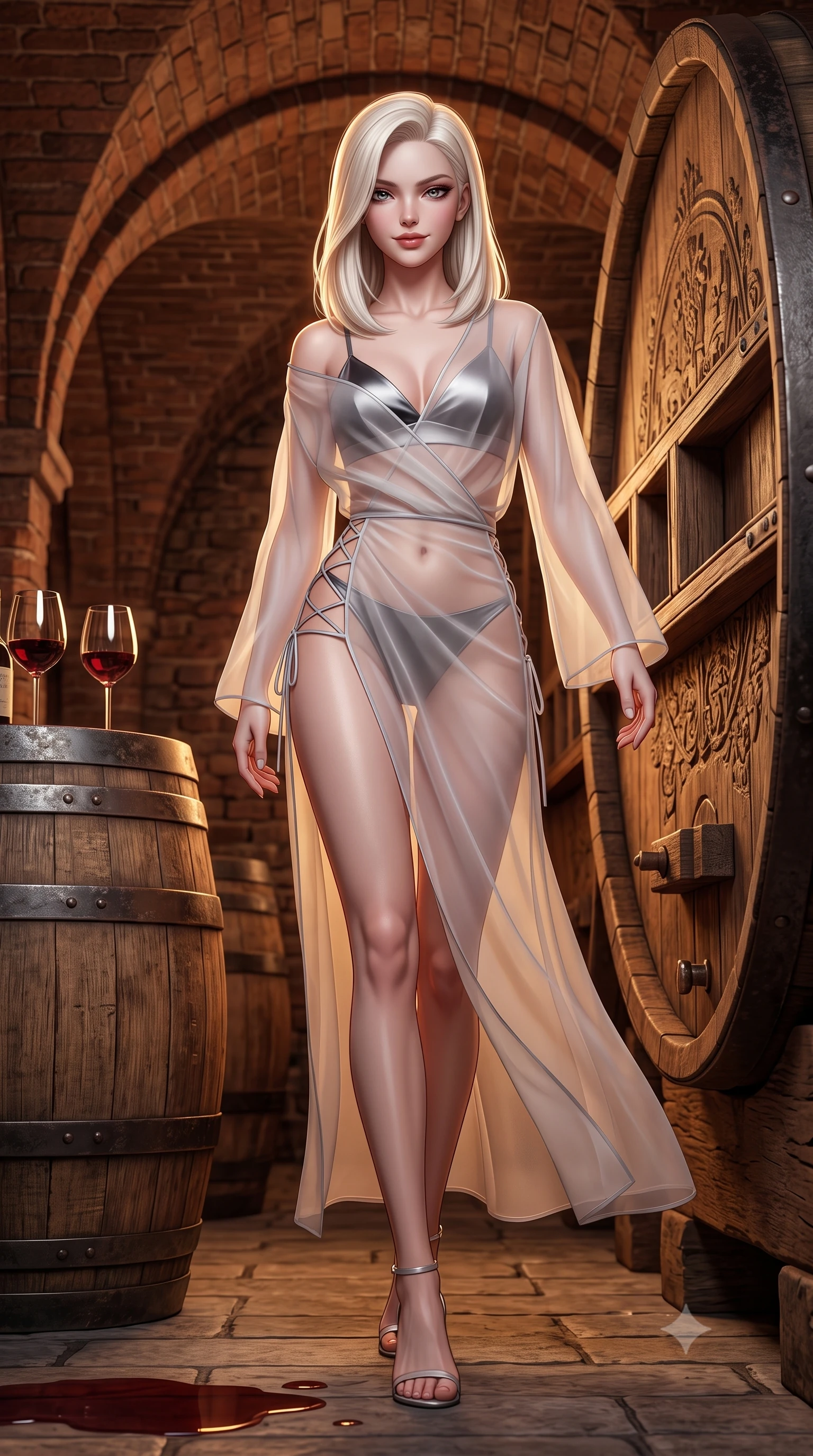 score_9, masterpiece, best quality, ultra-detailed, high-budget anime keyframe, semi-realistic 3D game render, editorial fashion photography, tasteful artistic composition, Caucasian woman. low angle full-body shot from head to toe showing her feet, filling the entire 9:16 vertical frame with her statuesque presence, stretching her vertical silhouette. stepping slowly toward the camera with hypnotic grace, hips swaying in an alluring sensual rhythm that accentuates her curvy hourglass silhouette and long slender legs while lounging against an ancient carved wine cask with legs crossed, arching her lower back with seductive vampire queen poise. The surrounding environment is rendered in vivid detail and crisp panoramic clarity: sharp ancient brick vaulting texture, iron hoop bands on weathered oak barrels, and wine glass refraction clarity in deep focus. She has an absolutely perfect, statuesque 8.5-heads proportion, an exceptionally tall and slender model-like female figure with impossibly long slender legs, an ultra-slim waist, a flat toned midriff, narrow delicate ribcage, and beautifully sculpted feminine hips creating a graceful, slim hourglass silhouette without any bulky heaviness. sharp v-shaped jawline, high-bridge nose, sparkling eyes with hypnotic seductive depth, thick curled eyelashes, glossy parted lips with a natural dewy peach sheen, alluring bedroom-eyes with an enchanting coquettish smile, exuding magnetic siren charisma and sophisticated glamour, flawlessly proportioned anatomical accuracy, strict slender model proportions, natural body alignment, perfectly sculpted long slender limbs, ultra-slim waistline, clean dynamic posture without body distortion. wearing a delicate sheer organza kimono-style architectural wrap slipping off bare shoulders over a matching satin bralette in molten liquid silver and midnight charcoal with platinum highlights, made of sheer gossamer chiffon that drapes softly against skin with airy translucence, finished with fine criss-cross lace-up side ties revealing tantalizing glimpses of her hip curve, the liquid-tight tailored fabric clinging flawlessly to her narrow waist and rounded feminine hips, emphasizing every millimeter of her sculpted slim hourglass curves without any bulky heaviness. illuminated by wine puddle specular bounce and sharp warm-amber rim lights sculpting her jawline, flat midriff, and voluptuous hip curves. highly saturated vibrant anime colors, detailed shading with soft gradients, rich glossy textures, high-contrast stereoscopic depth, volumetric dynamic lighting, master piece, 9:16 ratio