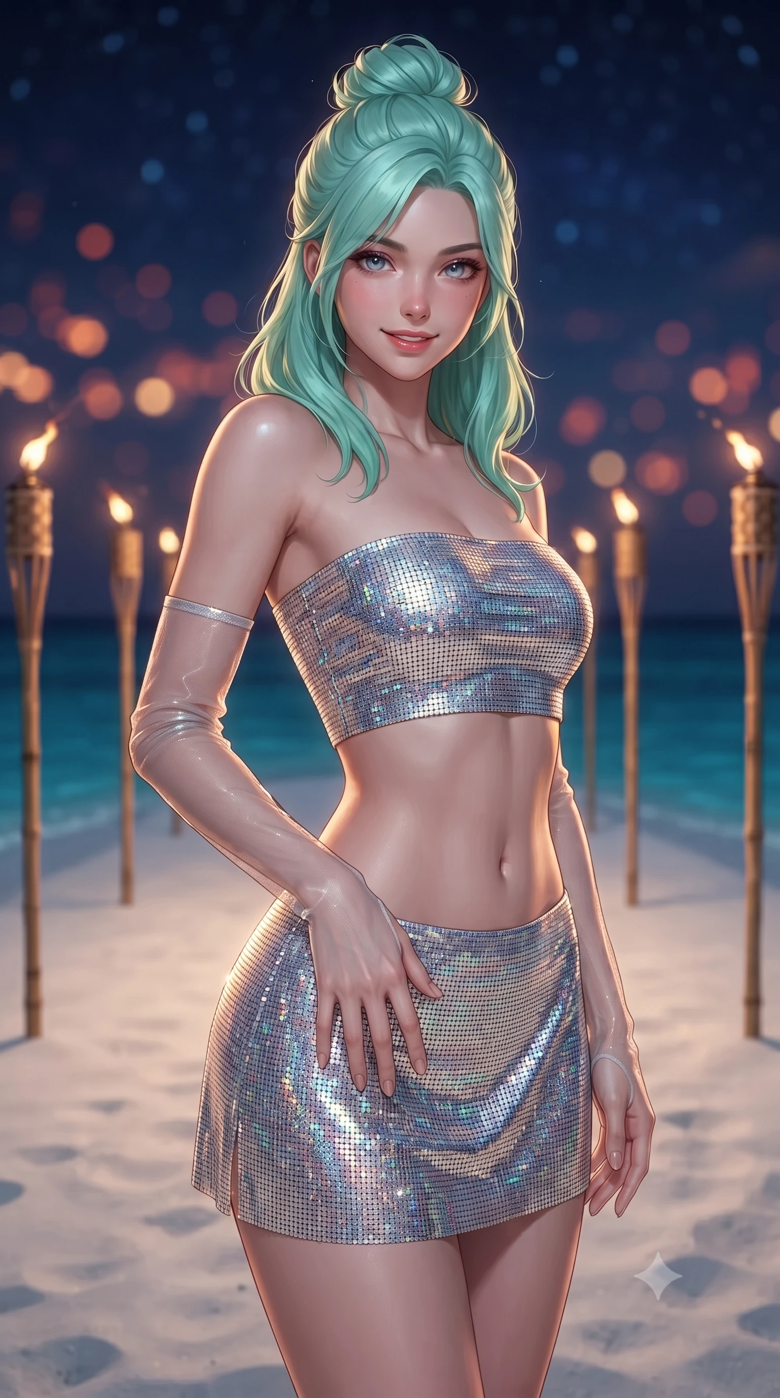 score_9, masterpiece, best quality, ultra-detailed, high-budget anime keyframe, editorial fashion photography, tasteful artistic composition, Japanese woman. close-up cowboy shot from the waist and thighs up, the character dominates the composition, filling the frame with her large presence. tilting her head with a teasing half-smile, running one hand slowly down the side of her hip in a flirtatious S-curve as ambient light caresses her silhouette while standing poised on the virgin powdery white sandbank completely surrounded by 360 degrees of turquoise ocean, arching her spine with effortless supermodel poise. The background shows a soft-focus solitary white sandbank in the middle of the Indian Ocean, line of bamboo tiki torches glowing in the dark, and starry sky blurred into coral, amber, and indigo bokeh. She has an exceptionally elegant, slender, and willowy female figure with an ultra-slim waist, flat toned midriff, narrow ribcage, and sculpted feminine hips creating an alluring, slim hourglass silhouette without bulk. sharp v-shaped jawline, high-bridge nose, intricate jewel-like sparkling eyes with depth, thick eyelashes, glossy parted lips with a natural peach sheen, bright cheerful beaming smile with an enchanting and coquettish sensual glint, exuding both youthful cute charm and seductive allure, flawlessly proportioned anatomical accuracy, strict slender model proportions, natural body alignment, perfectly sculpted long slender limbs, ultra-slim waistline, clean dynamic posture without body distortion. wearing an ultra-cropped fitted bandeau top paired with a micro mini tennis skirt revealing her flat toned midriff in liquid molten silver and iridescent mother-of-pearl, crafted from stretch micro-mesh with liquid foil coating that shimmers with every movement, complemented by sheer opera-length evening gloves tracing her slender arms, the impeccably tailored cut draping gracefully along her slender figure with aristocratic poise. illuminated by white sand reflection bounce and sharp flame-gold rim lights sculpting her razor-sharp jawline, narrow waist, and curvy hips. ultra-reflective glossy finish, specular highlights, rich textural contrasts, high-contrast stereoscopic depth, volumetric dynamic lighting, 2k, ultra detail, master piece, 9:16 ratio