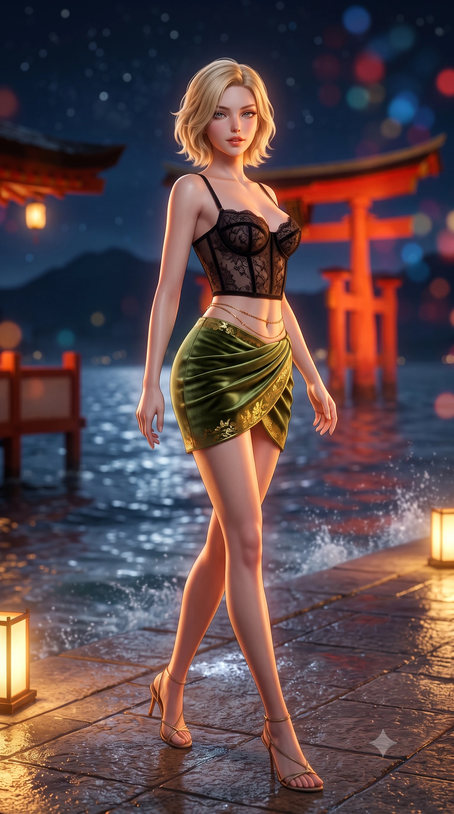 score_9, masterpiece, best quality, ultra-detailed, high-budget anime keyframe, semi-realistic 3D game render, editorial fashion photography, tasteful artistic composition, Caucasian woman. low angle full-body shot from head to toe showing her feet, filling the entire 9:16 vertical frame with her statuesque presence, stretching her vertical silhouette. walking along the terrace with poise, looking back over her bare shoulder with an irresistible smoldering bedroom-gaze while twisting her slender torso in an alluring contrapposto stance, sea spray and lantern light caressing her flat midriff and curvy hips. The background shows a soft-focus great floating Torii gate illuminated in vermilion floodlight against dark water, silhouettes of sacred Mount Misen, and starry sky blurred into vermilion, sapphire, and gold bokeh. She has an exceptionally tall and slender model-like 8.5-heads proportion, an ultra-slim waist, a flat toned midriff, narrow delicate ribcage, and beautifully sculpted feminine hips creating a graceful, slim hourglass silhouette without any bulky heaviness, with impossibly long slender legs. sharp v-shaped jawline, high-bridge nose, intricate jewel-like sparkling eyes with depth, thick eyelashes, glossy parted lips with a natural peach sheen, bright cheerful beaming smile with an enchanting and coquettish sensual glint, exuding both youthful cute charm and seductive allure, flawlessly proportioned anatomical accuracy, strict slender model proportions, natural body alignment, perfectly sculpted long slender limbs, ultra-slim waistline, clean dynamic posture without body distortion. wearing a sculpted underwire bustier in sheer noir lace with velvet piping paired with an ultra-short draped tulip skirt in Gion antique matcha green and gilded gold leaf, tailored from ultra-plush silk velvet with rich tactile depth and deep shadow gradients, accented with a dainty gold belly chain resting across her flat midriff and curving hips, the liquid-tight tailored fabric clinging flawlessly to her narrow waist and rounded feminine hips, emphasizing every millimeter of her sculpted slim hourglass curves without any bulky heaviness. bathed in the golden-and-vermilion architectural floodlights of the Torii gate mixed with cool silver moonlit sea fill. highly saturated vibrant anime colors, detailed shading with soft gradients, rich glossy textures, high-contrast stereoscopic depth, volumetric dynamic lighting, master piece, 9:16 ratio