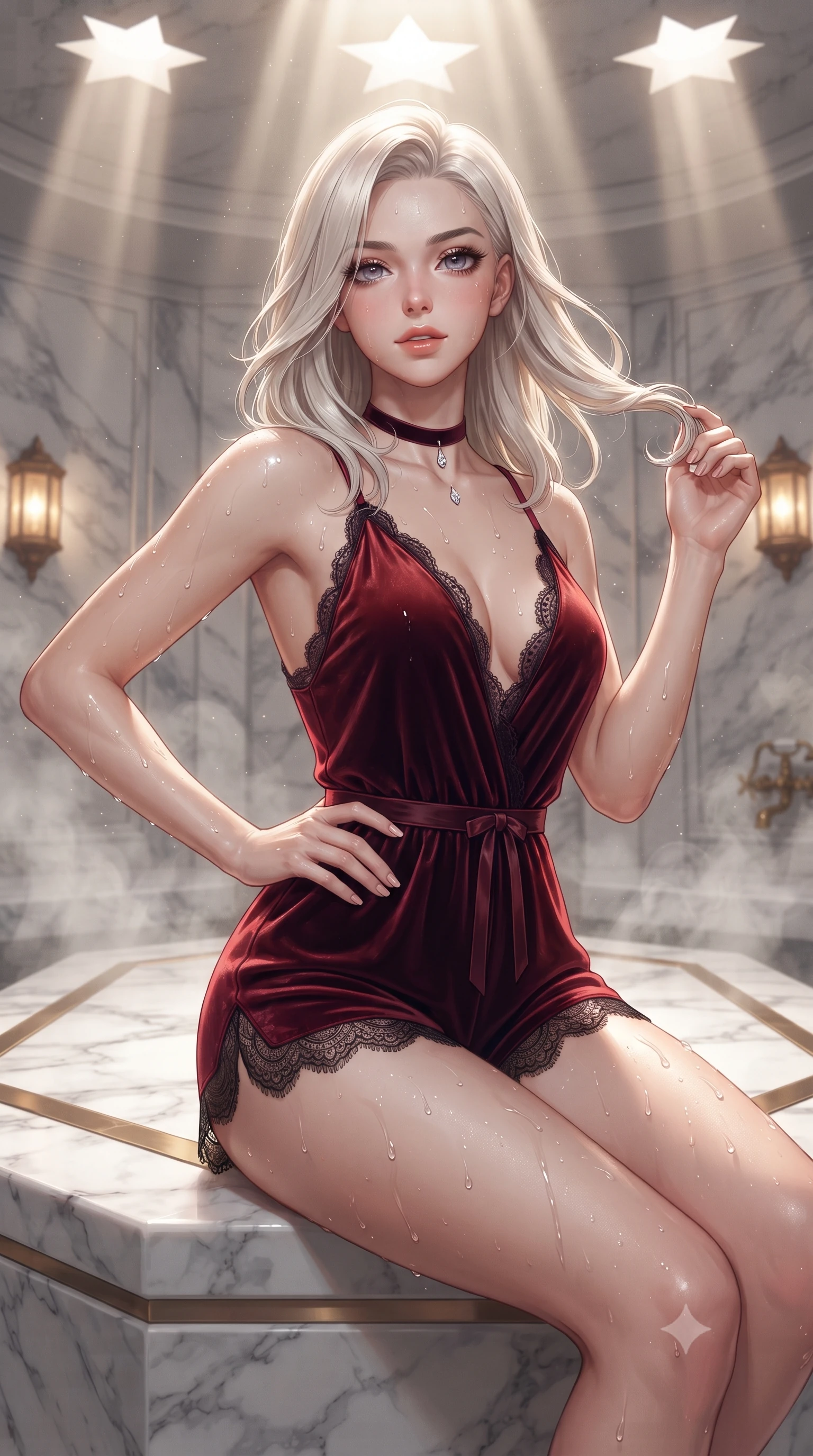 score_9, masterpiece, best quality, ultra-detailed, high-budget anime keyframe, editorial fashion photography, tasteful artistic composition, Caucasian woman. close-up cowboy shot from the waist and thighs up, the character dominates the composition, filling the frame with her large presence. twisting her slender torso in an alluring contrapposto stance, one hand resting on her sculpted hip while her fingers toy with her hair with effortless poise while sitting poised on the heated central hexagonal marble massage slab, arching her spine with wet-look siren grace amid billowing aromatic eucalyptus steam. The surrounding environment is rendered in vivid detail and crisp panoramic clarity: sharp hand-polished Carrara marble slab textures, intricate brass water tap engravings, and glistening water droplets on dewy skin in deep focus. She has an exceptionally elegant, slender, and willowy female figure with an ultra-slim waist, flat toned midriff, narrow ribcage, and sculpted feminine hips creating an alluring, slim hourglass silhouette without bulk. sharp v-shaped jawline, high-bridge nose, sparkling eyes with hypnotic seductive depth, thick curled eyelashes, glossy parted lips with a natural dewy peach sheen, alluring bedroom-eyes with an enchanting coquettish smile, exuding magnetic siren charisma and sophisticated glamour, flawlessly proportioned anatomical accuracy, strict slender model proportions, natural body alignment, perfectly sculpted long slender limbs, ultra-slim waistline, clean dynamic posture without body distortion. wearing a plunge-neck stretch velvet romper with scalloped eyelash-lace hems and a cinched waist ribbon in Pudong electric vermilion and obsidian lacquer, tailored from ultra-plush velvet with rich tactile depth and deep shadow gradients, finished with a thin velvet ribbon choker and a single teardrop diamond pendant, the glove-like clinging cut tightly following the natural contour of her hips and long slender legs with youthful 8.5-heads elegance. bathed in ethereal light shafts streaming downward through star-shaped ceiling penetrations combined with warm lantern uplights. ultra-reflective glossy finish, specular highlights, rich textural contrasts, high-contrast stereoscopic depth, volumetric dynamic lighting, 2k, ultra detail, master piece, 9:16 ratio