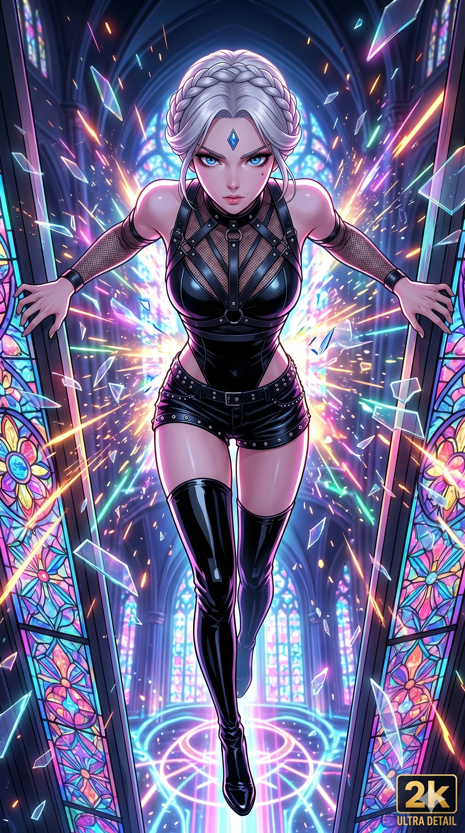 score_9, masterpiece, best quality, ultra-detailed, high-budget anime movie keyframe, cinematic anime lighting, intricate line art, Japanese woman. Extreme high angle shot as she leaps towards the camera, filling the frame. leaping across shattered stained glass of a neon cathedral while sparks fly. She has an absolutely perfect 8-heads proportion, an exceptionally tall and slender female figure with graceful and slender proportions. strictly human anatomy, two legs only, no extra limbs, clearly defined legs and arms, perfect anatomy, perfect hands and fingers. sharp v-shaped jawline, high-bridge nose, intricate jewel-like eyes, thick eyelashes, glossy lips. Wearing Dynamic performance outfit: Leather harness over mesh, sleek bodysuit, studded stylish shorts, and thigh-high patent boots. The scene is illuminated by dramatic atmospheric lighting and vibrant color palettes. , 2k, ultra detail, master piece, 9:16 ratio