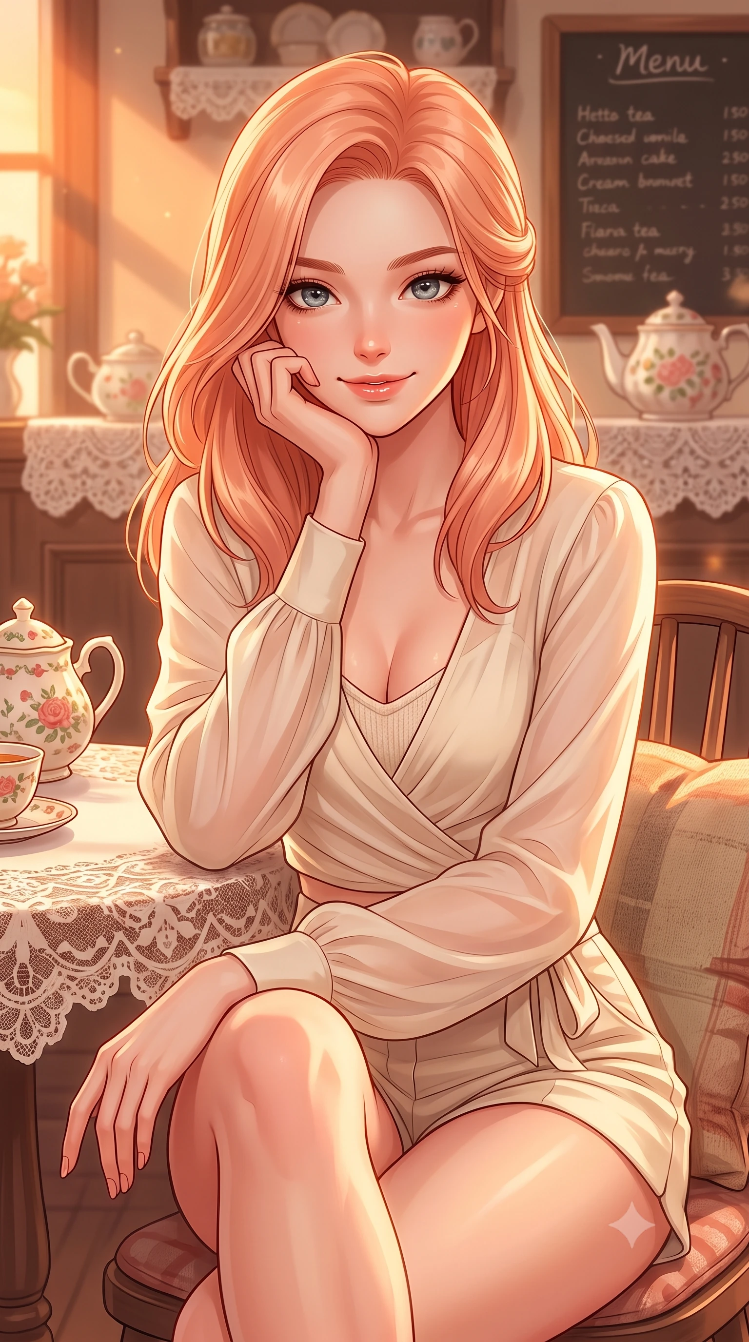 score_9, masterpiece, best quality, ultra-detailed, high-budget anime keyframe, editorial fashion photography, tasteful artistic composition, Japanese woman. close-up cowboy shot from the waist and thighs up, the character dominates the composition, filling the frame with her large presence, background elements kept in soft focus. smiling cutely while resting her chin on her hand, looking directly into the lens set against a soft-focus background of in a charming retro tea room with lace table runners and ceramic teapots with a handwritten menu board and cozy cushions on the chairs. She has an exceptionally elegant, slender, and willowy female figure with an ultra-slim waist, a gracefully sculpted slender torso, and a refined silhouette. sharp v-shaped jawline, high-bridge nose, intricate jewel-like eyes with depth, thick eyelashes, glossy lips with a natural sheen. wearing tailored sheer chiffon wrap top in cream, worn over a slim-fit knit bralette and low-cut shorts. golden hour sunset rays painting the cozy interior in a warm orange wash. highly saturated vibrant anime colors, detailed shading with soft gradients, rich glossy textures, high-contrast stereoscopic depth, volumetric dynamic lighting, master piece, 9:16 ratio